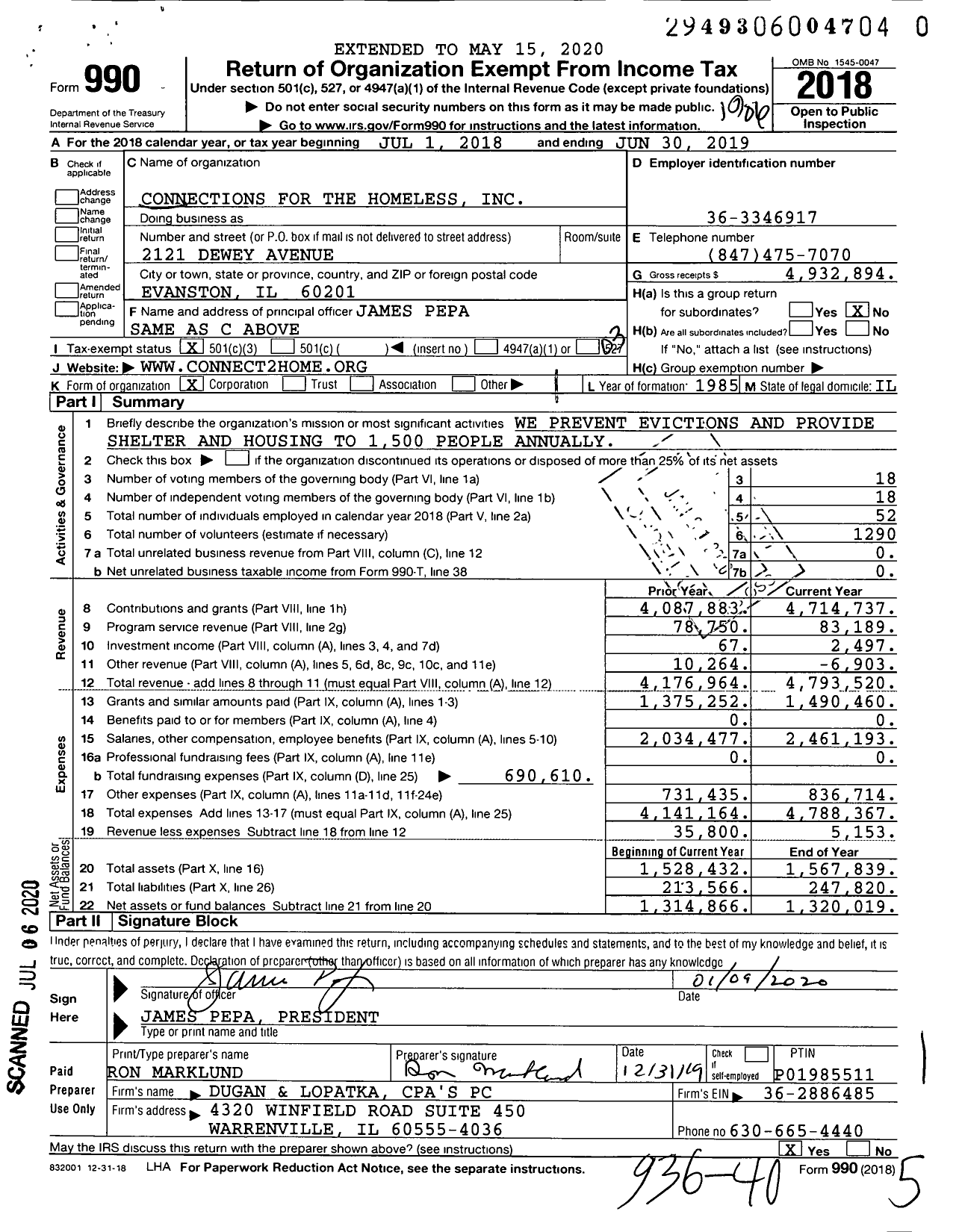 Image of first page of 2018 Form 990 for Connections for the Homeless