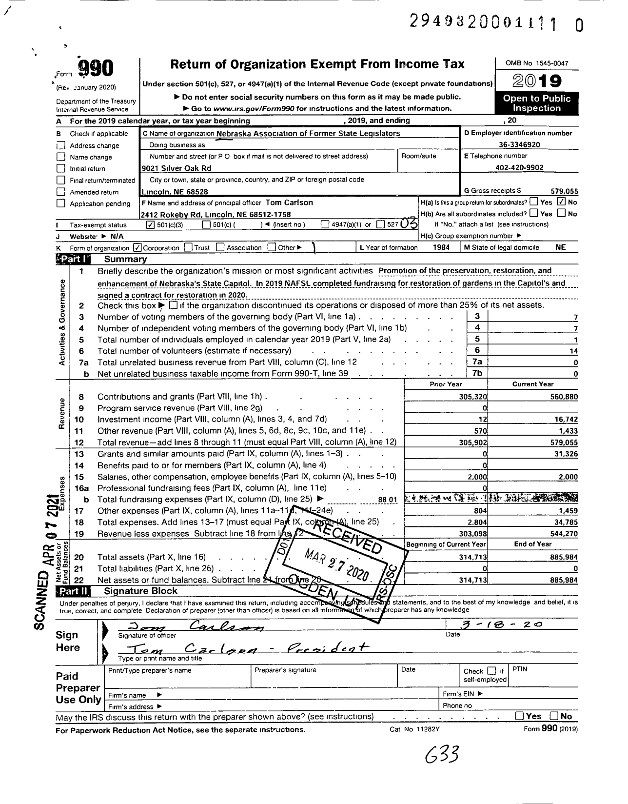 Image of first page of 2019 Form 990 for Nebraska Association of Former State Legislators