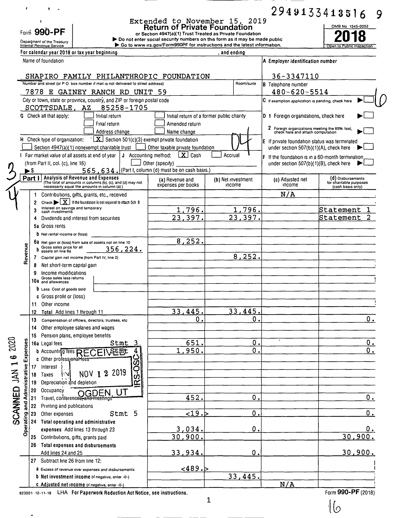 Image of first page of 2018 Form 990PF for Shapiro Family Philanthropic Foundation