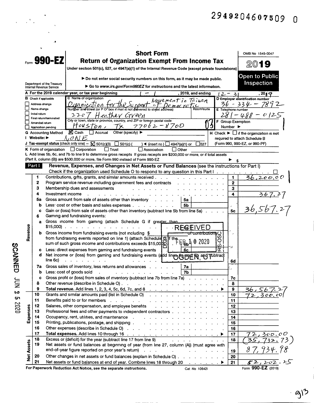 Image of first page of 2019 Form 990EZ for Organization for the Support of Democratic Movement in Taiwan