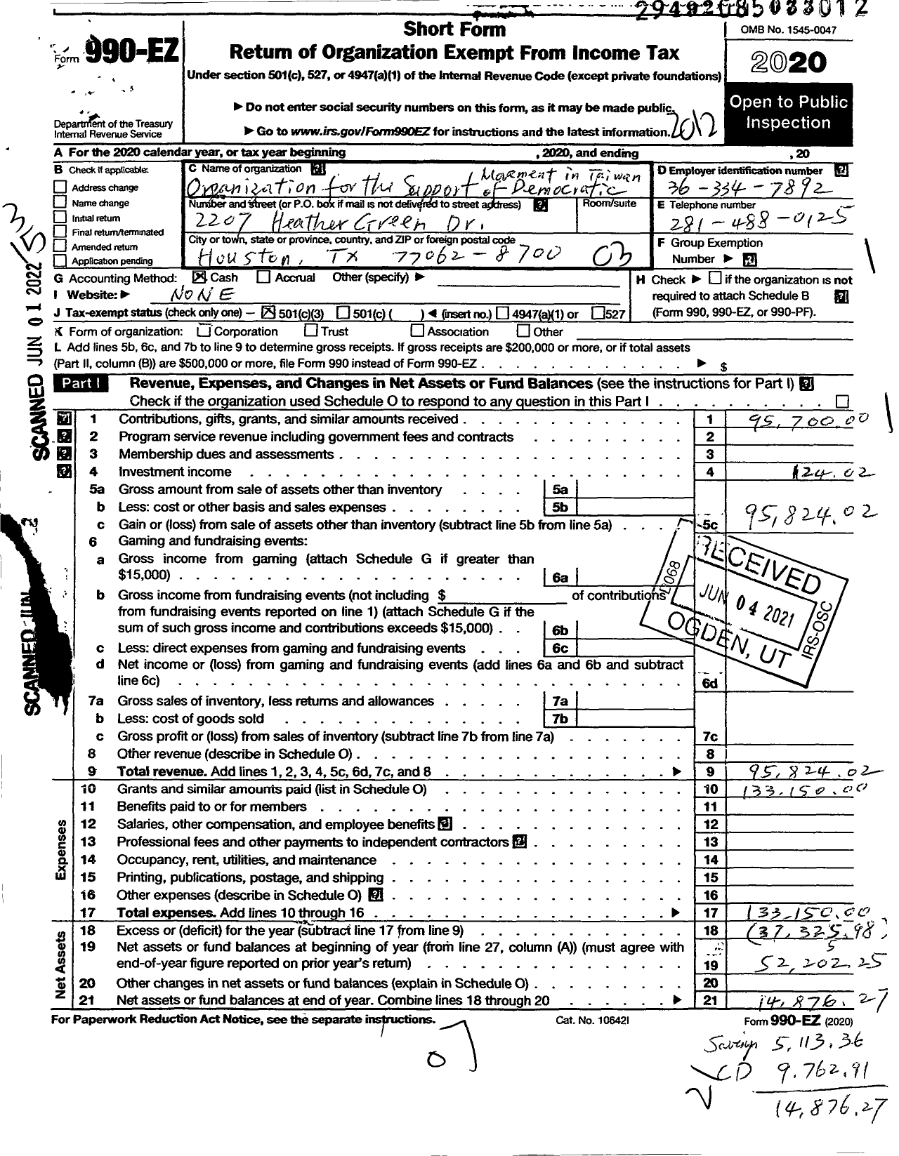 Image of first page of 2020 Form 990EZ for Organization for the Support of Democratic Movement in Taiwan