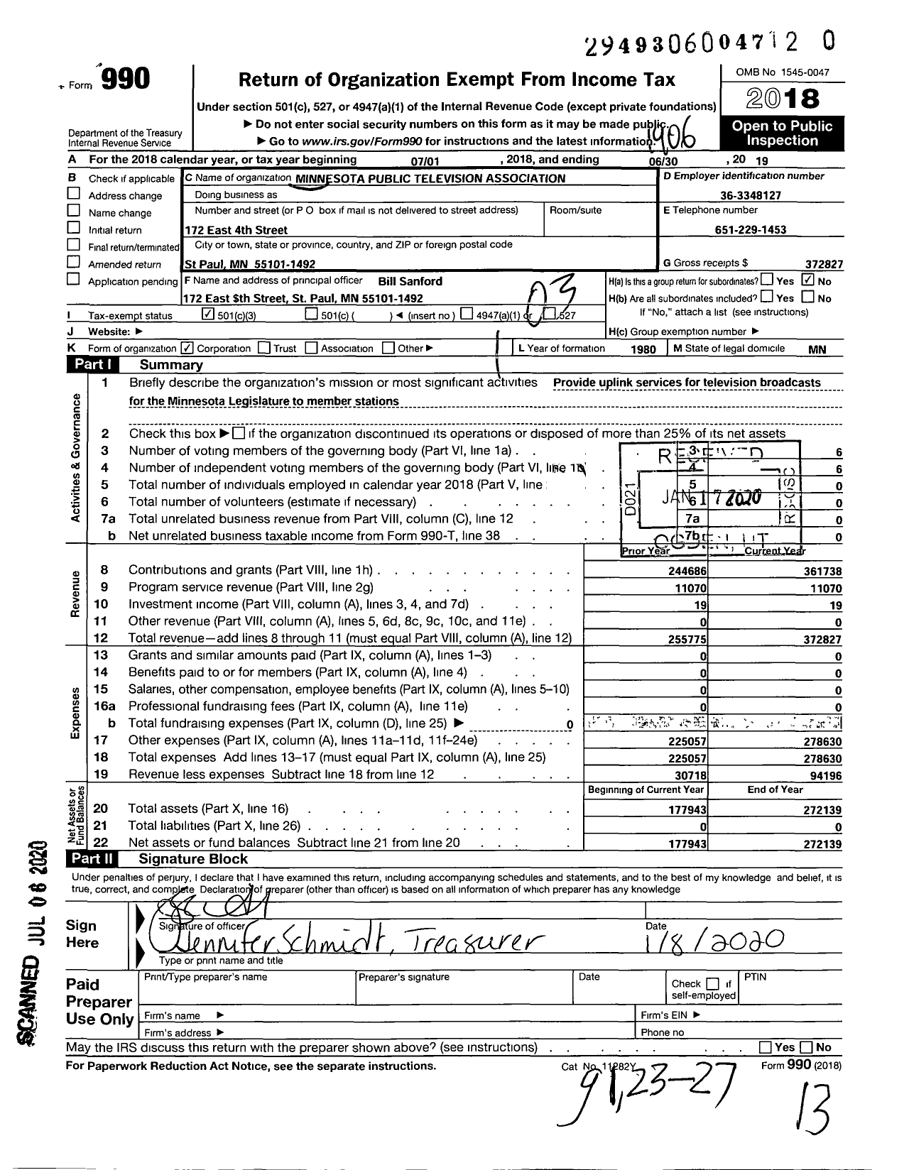 Image of first page of 2018 Form 990 for Minnesota Public Television Association