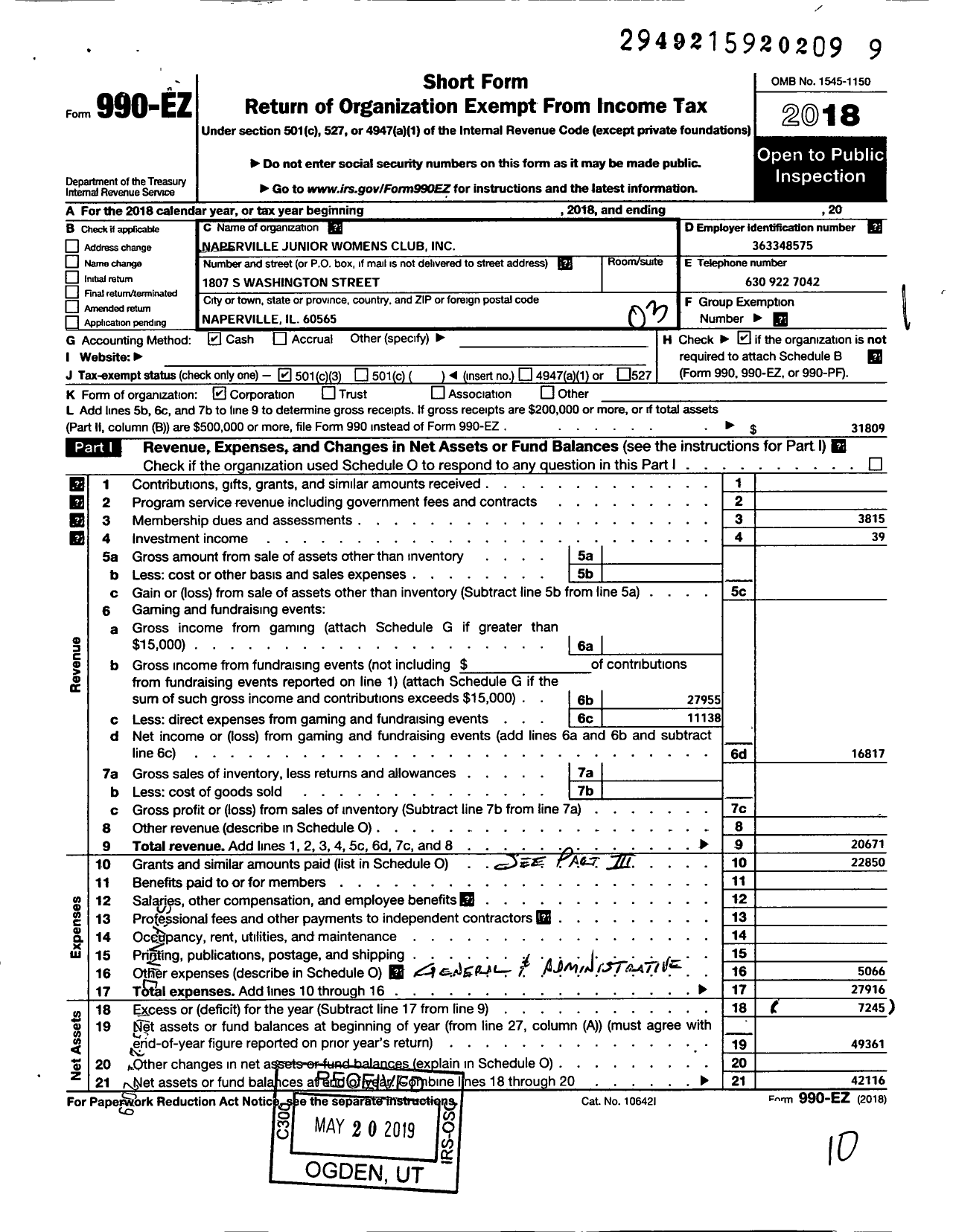 Image of first page of 2018 Form 990EZ for General Federation of Womens Clubs / Naperville Junior Womans Club