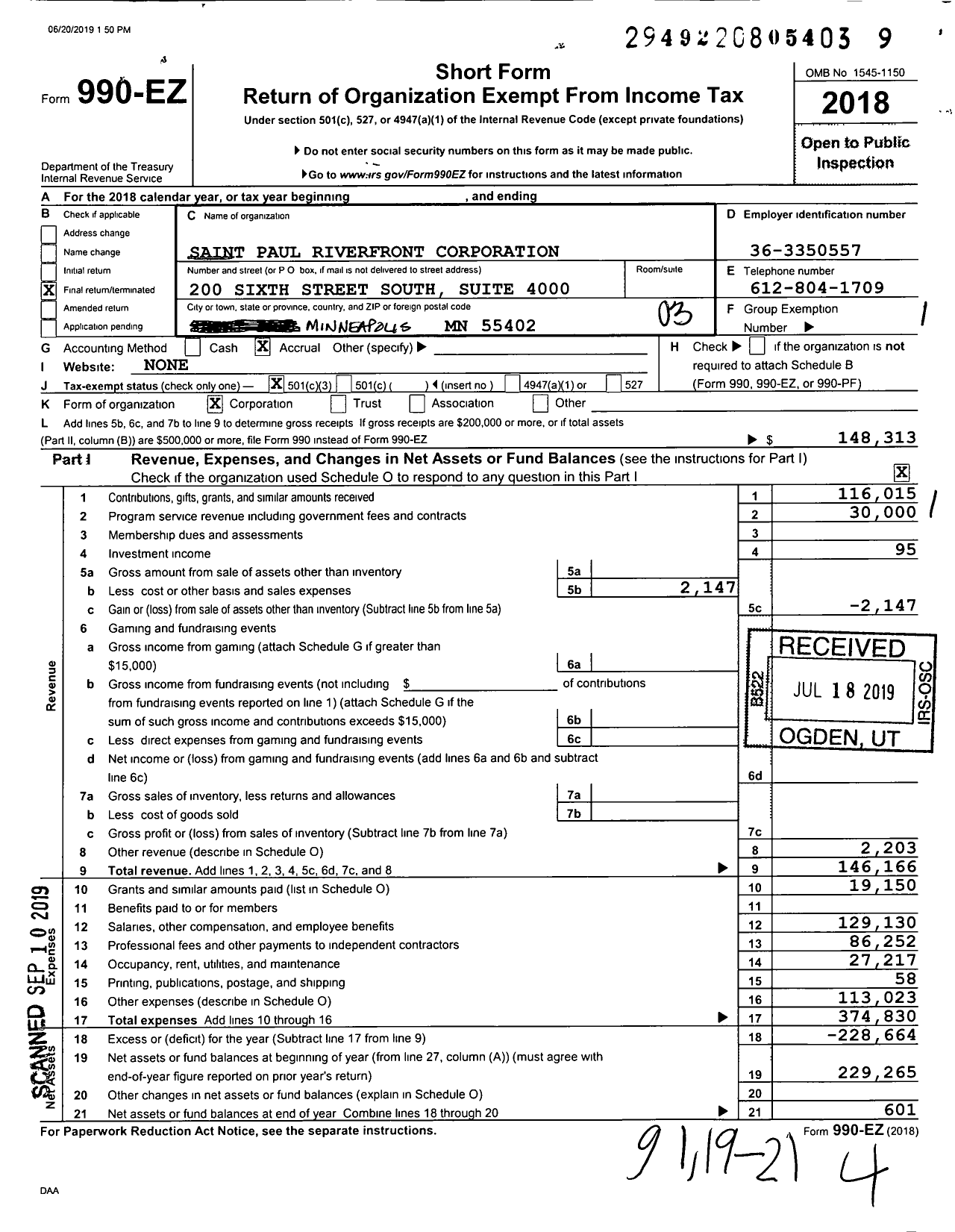 Image of first page of 2018 Form 990EZ for Saint Paul Riverfront Corporation