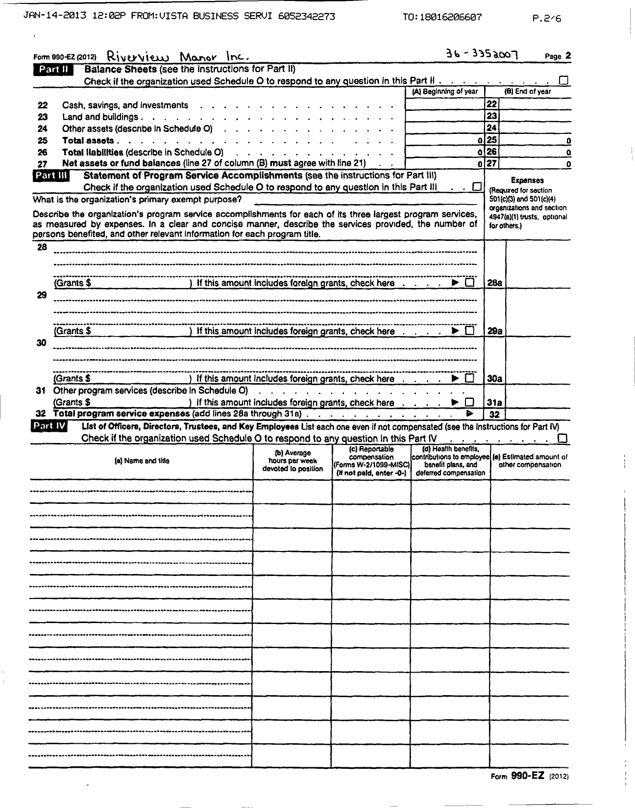 Image of first page of 2011 Form 990ER for Riverview Manor