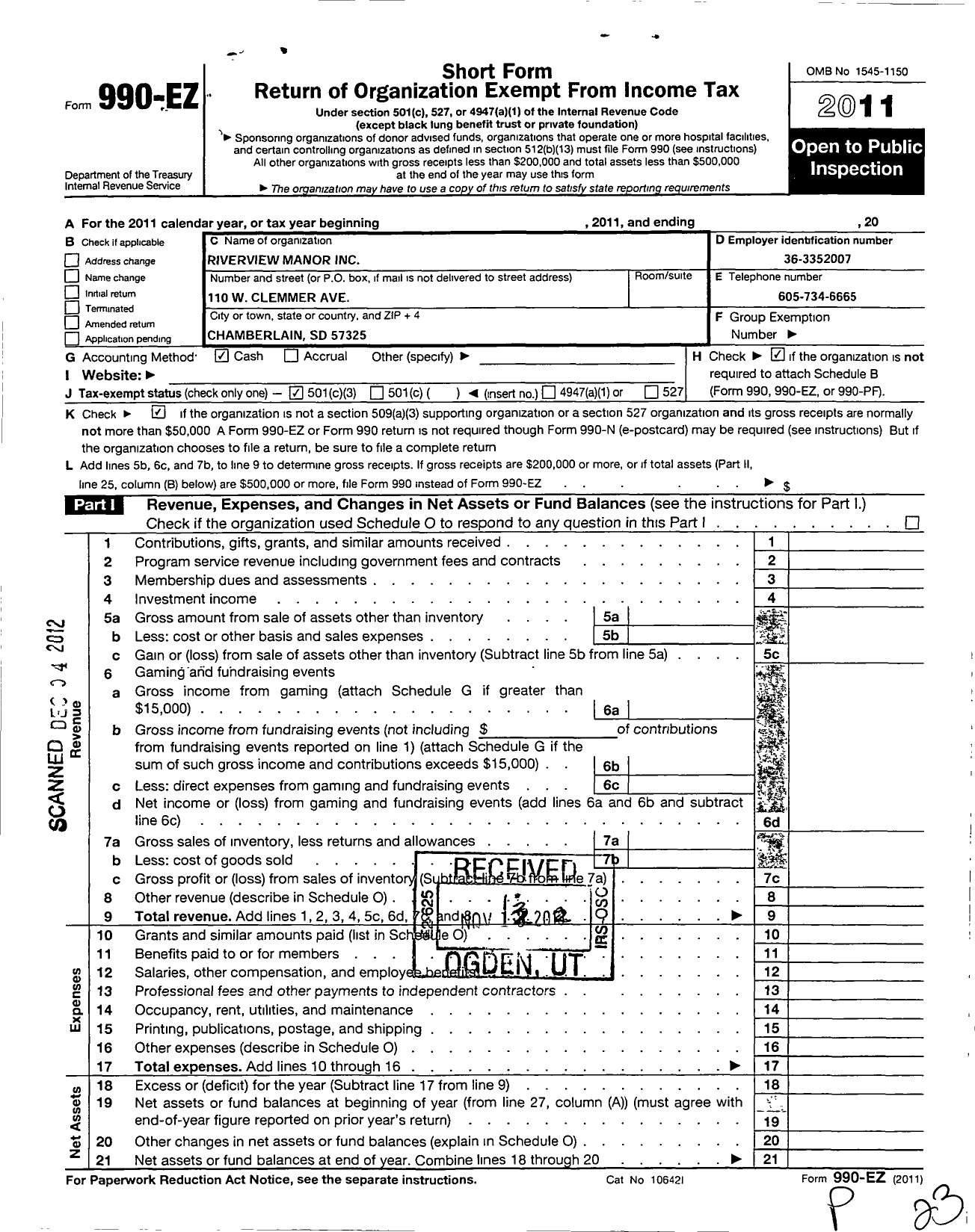 Image of first page of 2011 Form 990EZ for Riverview Manor