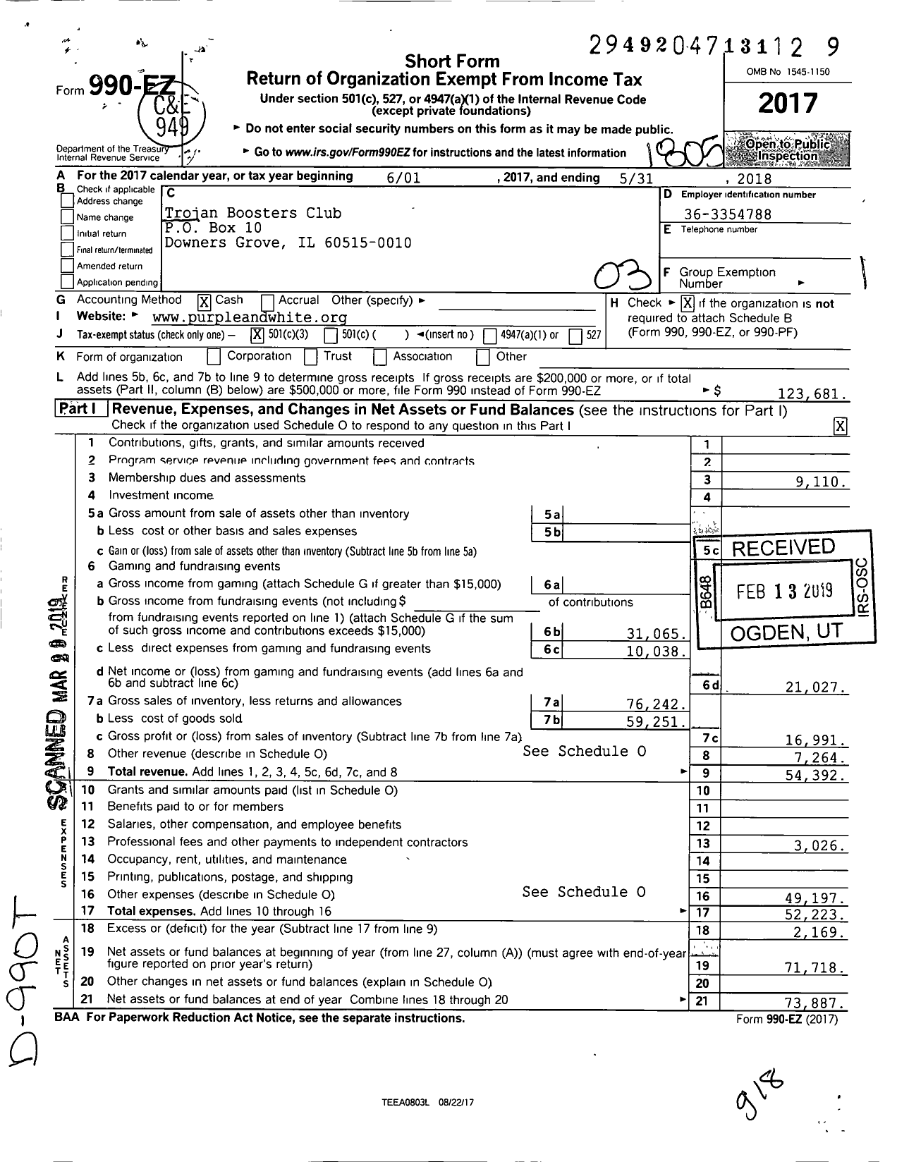 Image of first page of 2017 Form 990EZ for Trojan Boosters Club