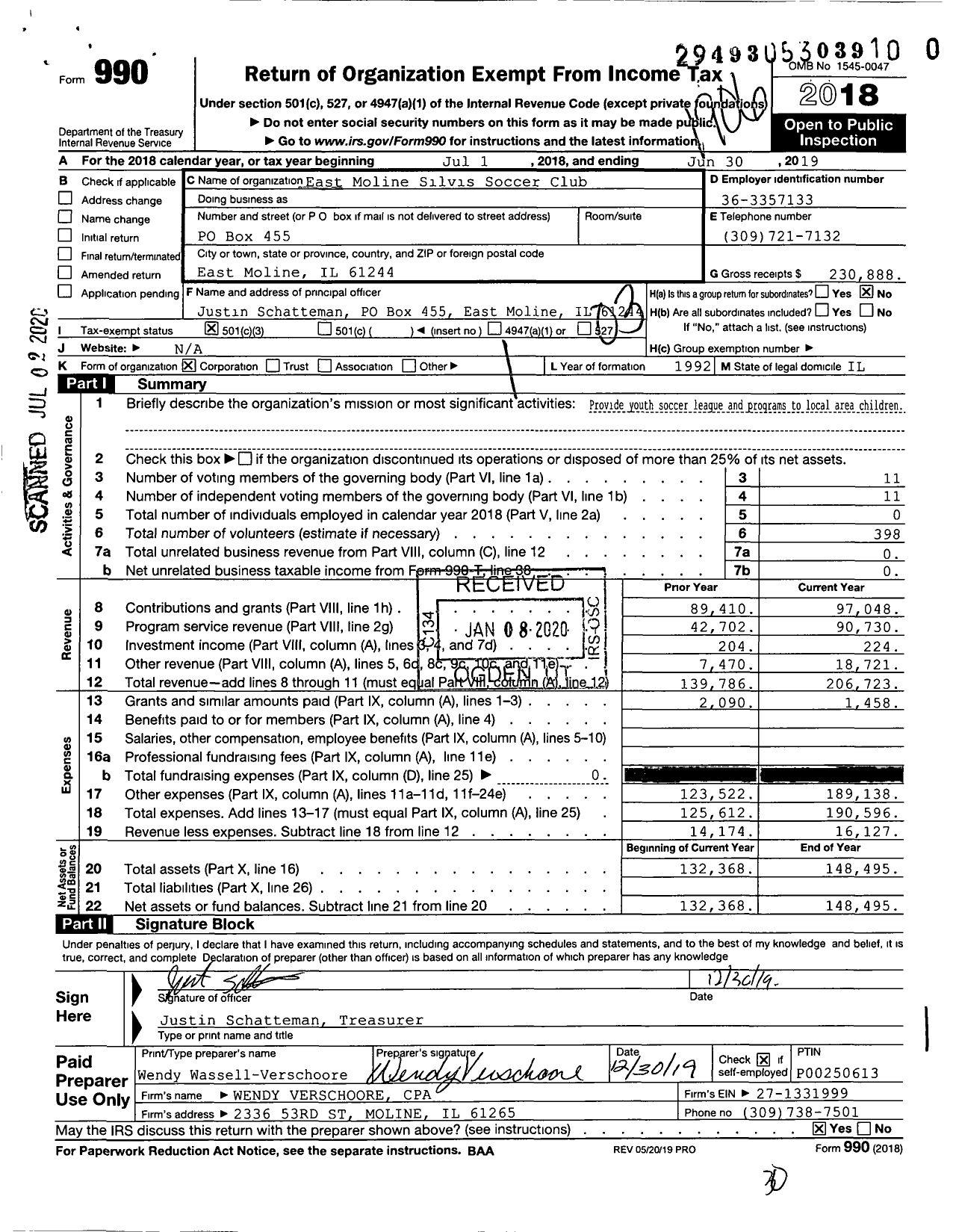 Image of first page of 2018 Form 990 for East Moline Silvis Soccer Club