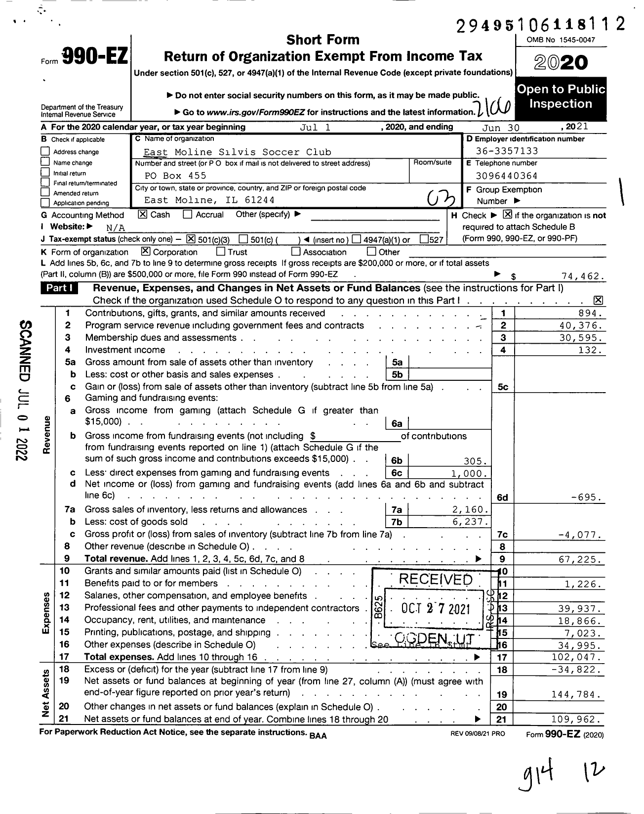 Image of first page of 2020 Form 990EZ for East Moline Silvis Soccer Club