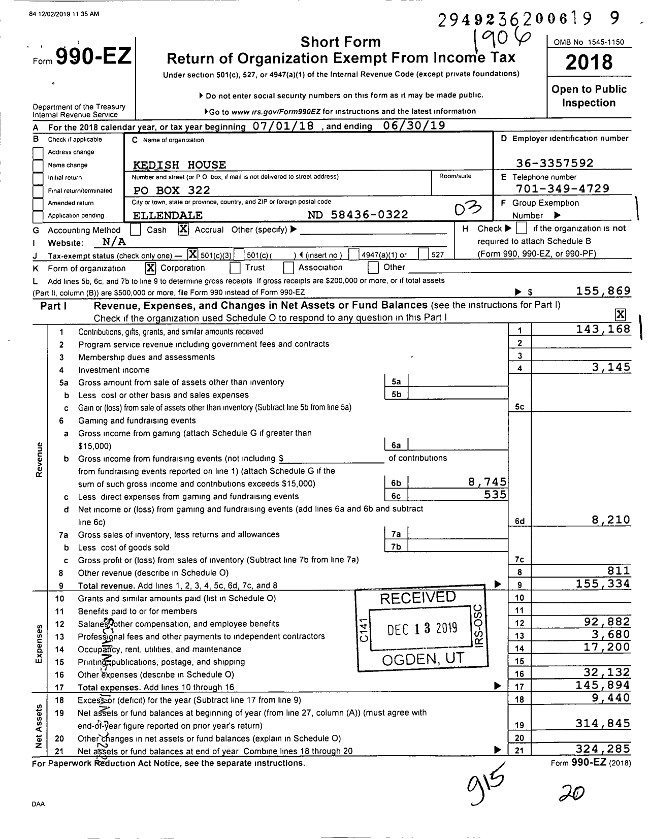 Image of first page of 2018 Form 990EZ for Kedish House