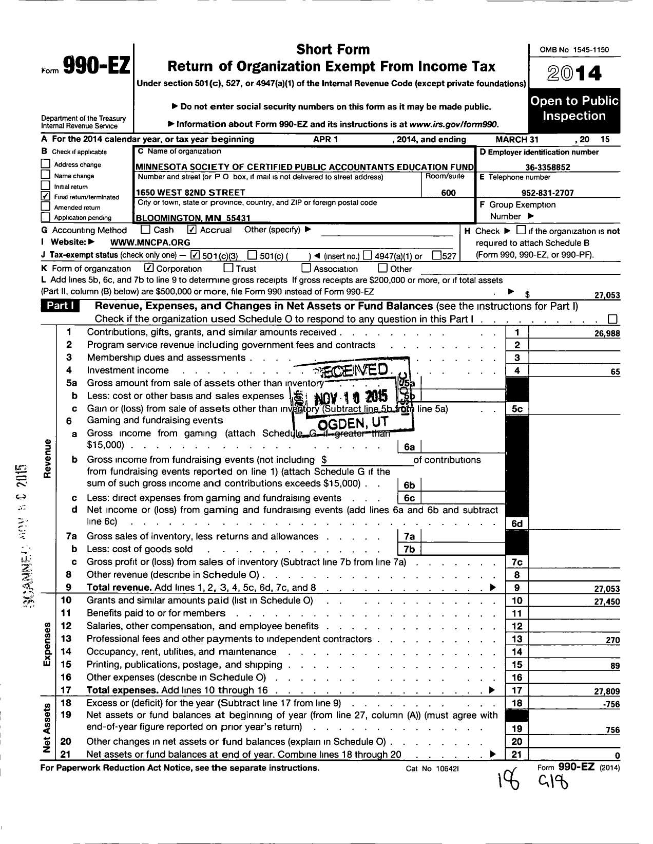 Image of first page of 2014 Form 990EZ for Minnesota Society of Certified Public Accountants Education Fund