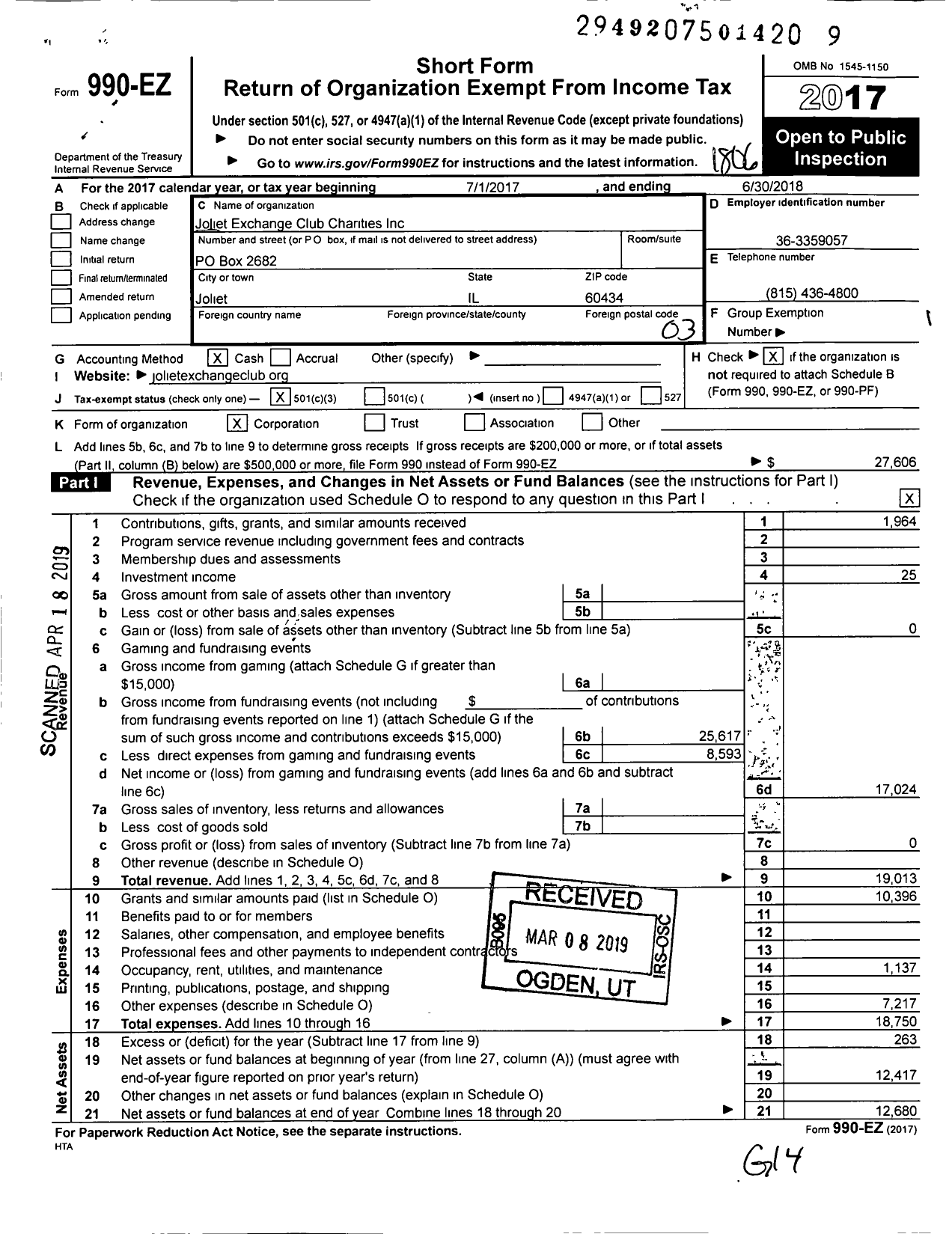 Image of first page of 2017 Form 990EZ for Joliet Exchange Club Charities