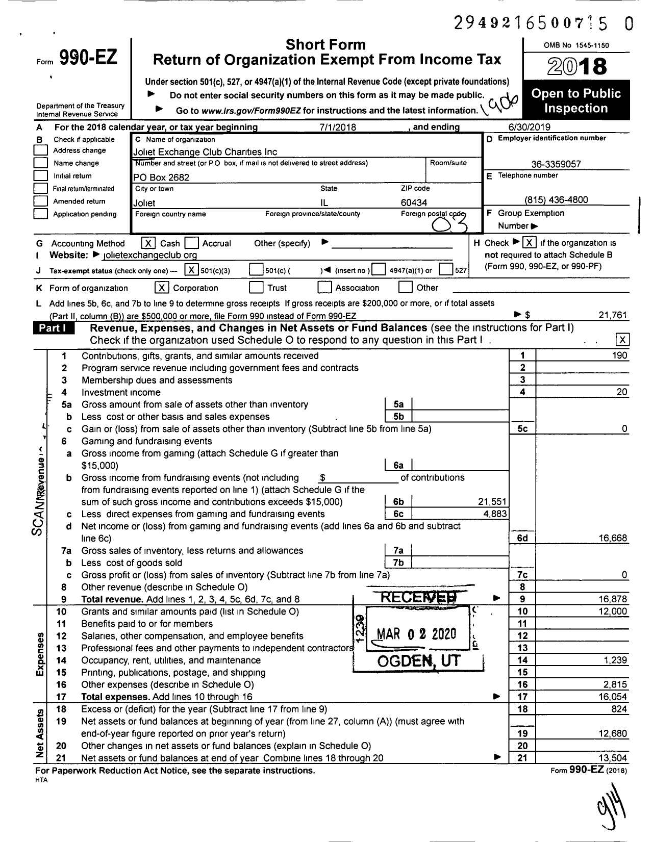 Image of first page of 2018 Form 990EZ for Joliet Exchange Club Charities