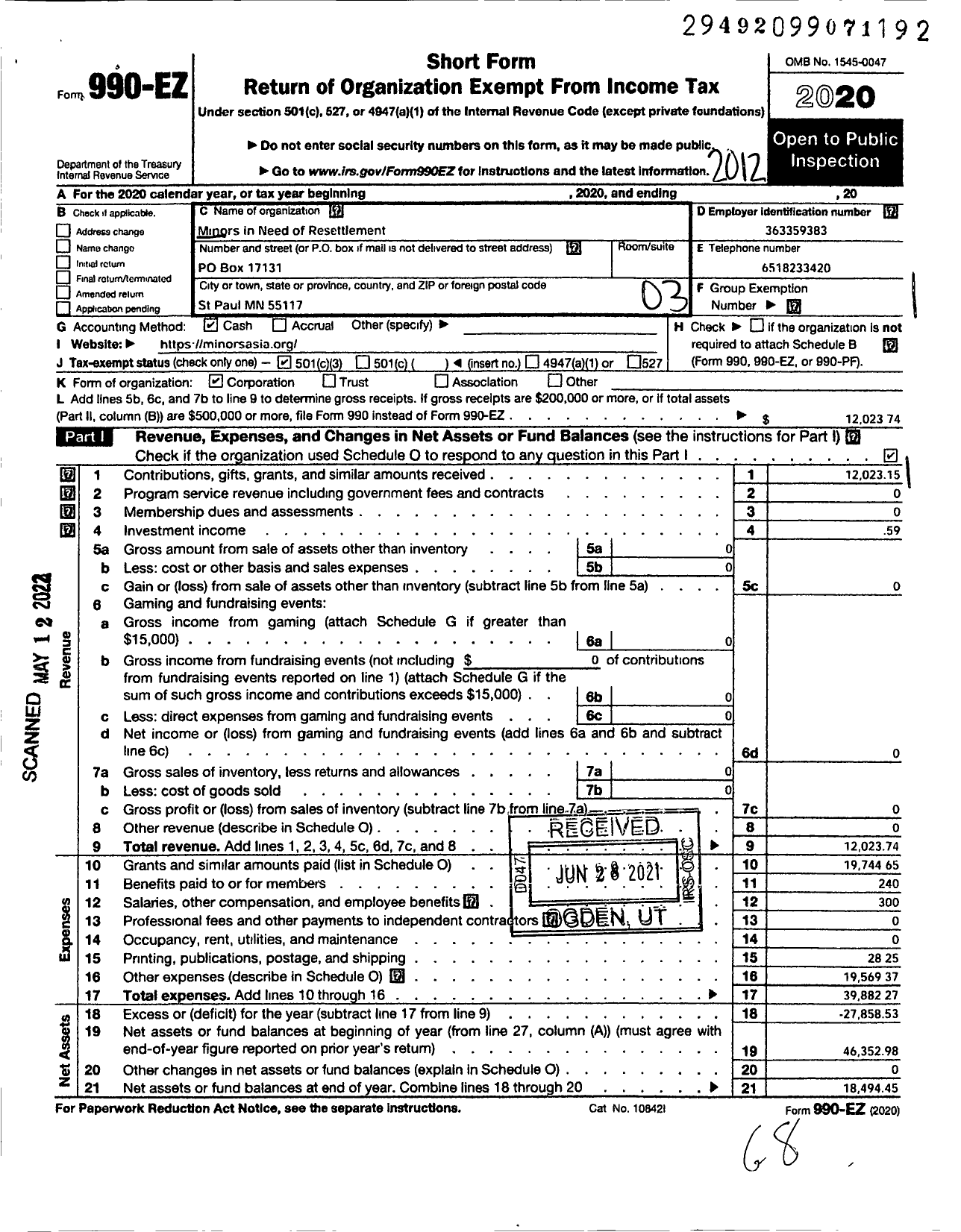 Image of first page of 2020 Form 990EZ for Minors in Need of Resettlement Minors