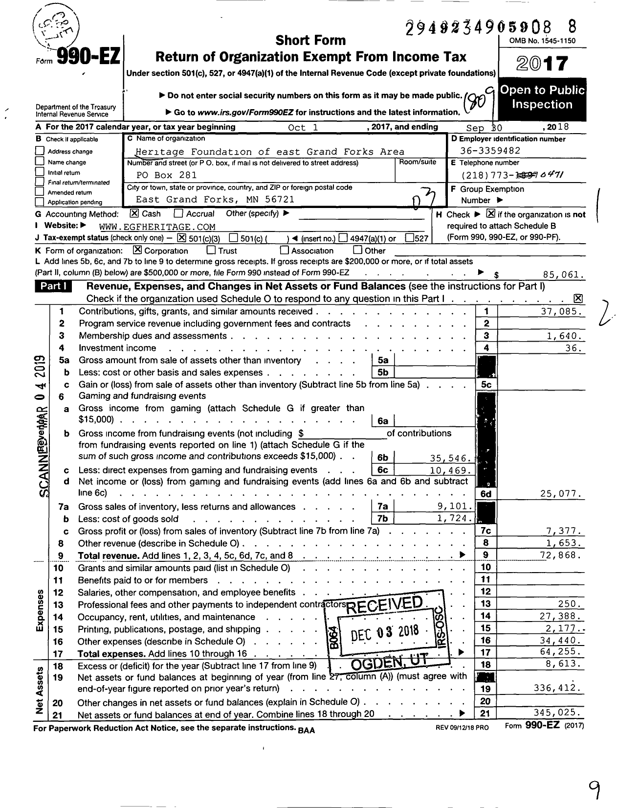 Image of first page of 2017 Form 990EZ for Heritage Foundation of east Grand Forks Area