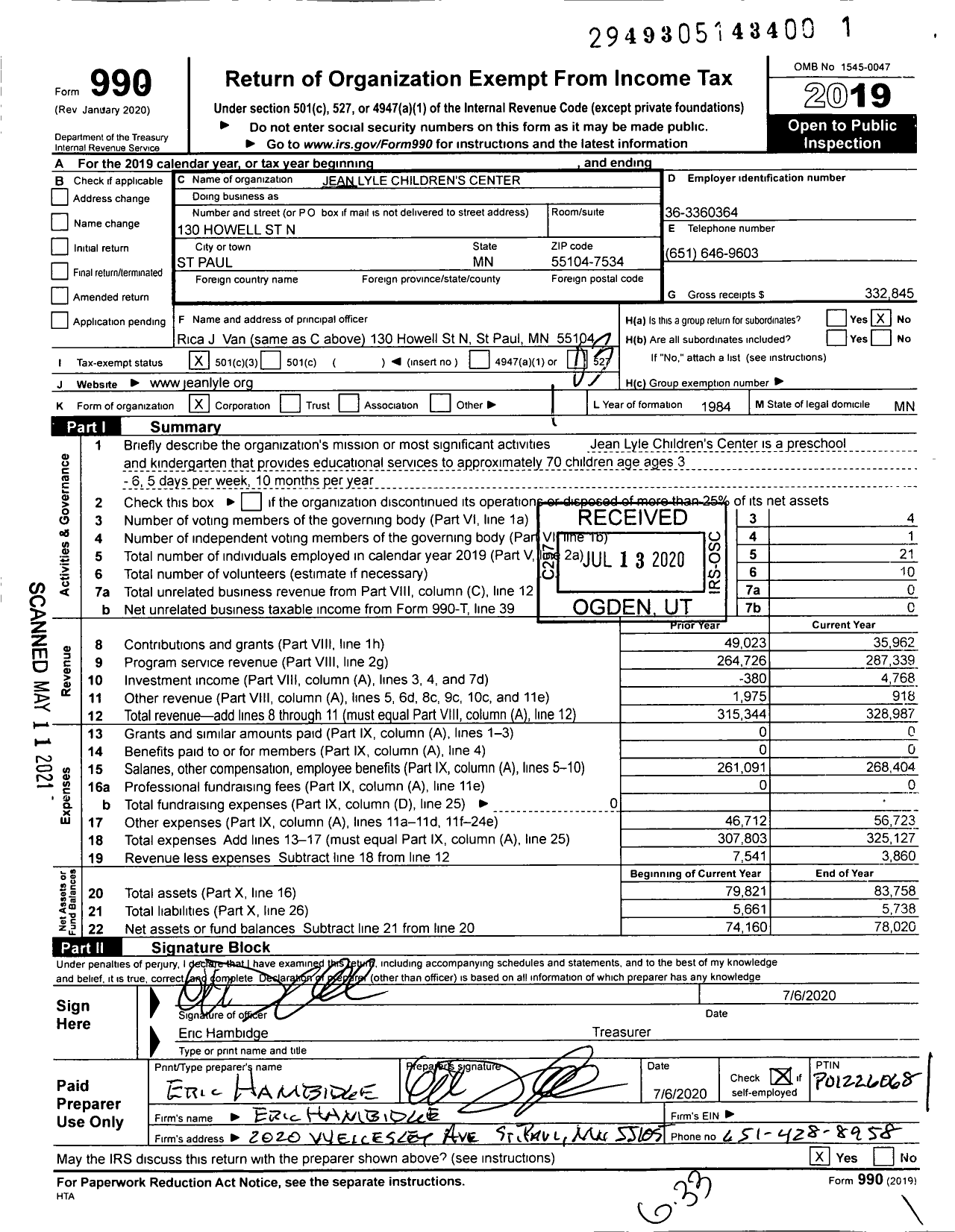 Image of first page of 2019 Form 990 for Jean Lyle Children's Center