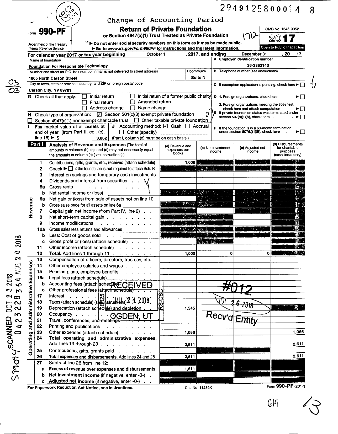 Image of first page of 2017 Form 990PF for Foundation for Responsible Technology