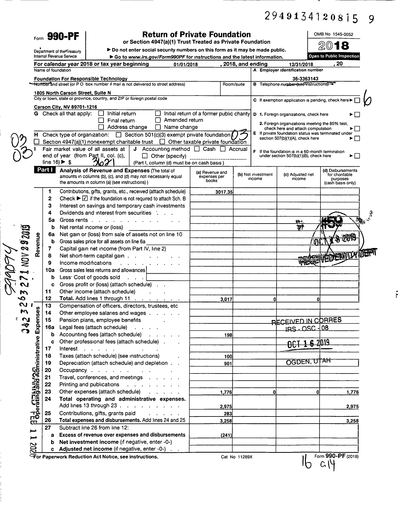 Image of first page of 2018 Form 990PF for Foundation for Responsible Technology