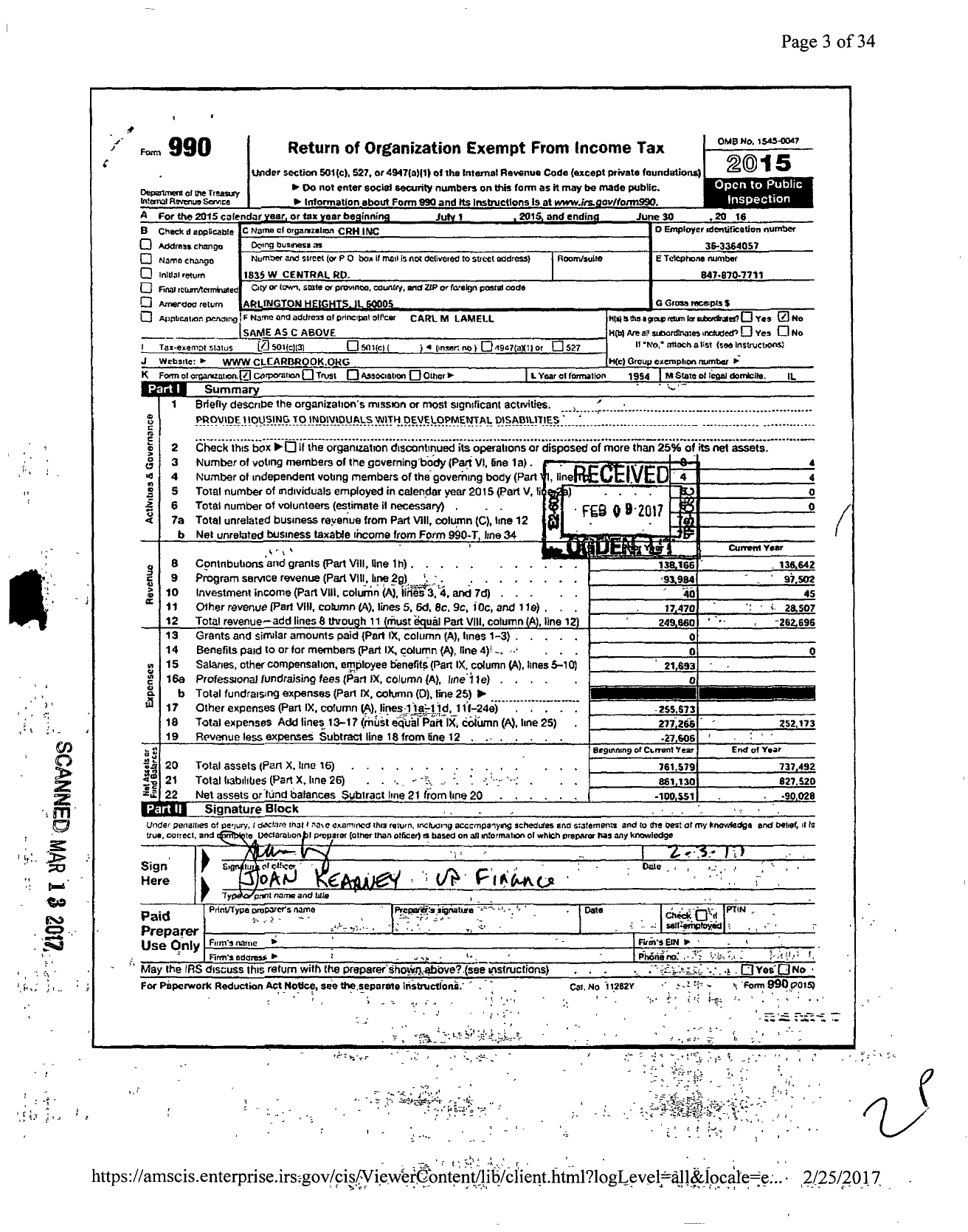 Image of first page of 2015 Form 990 for CRH
