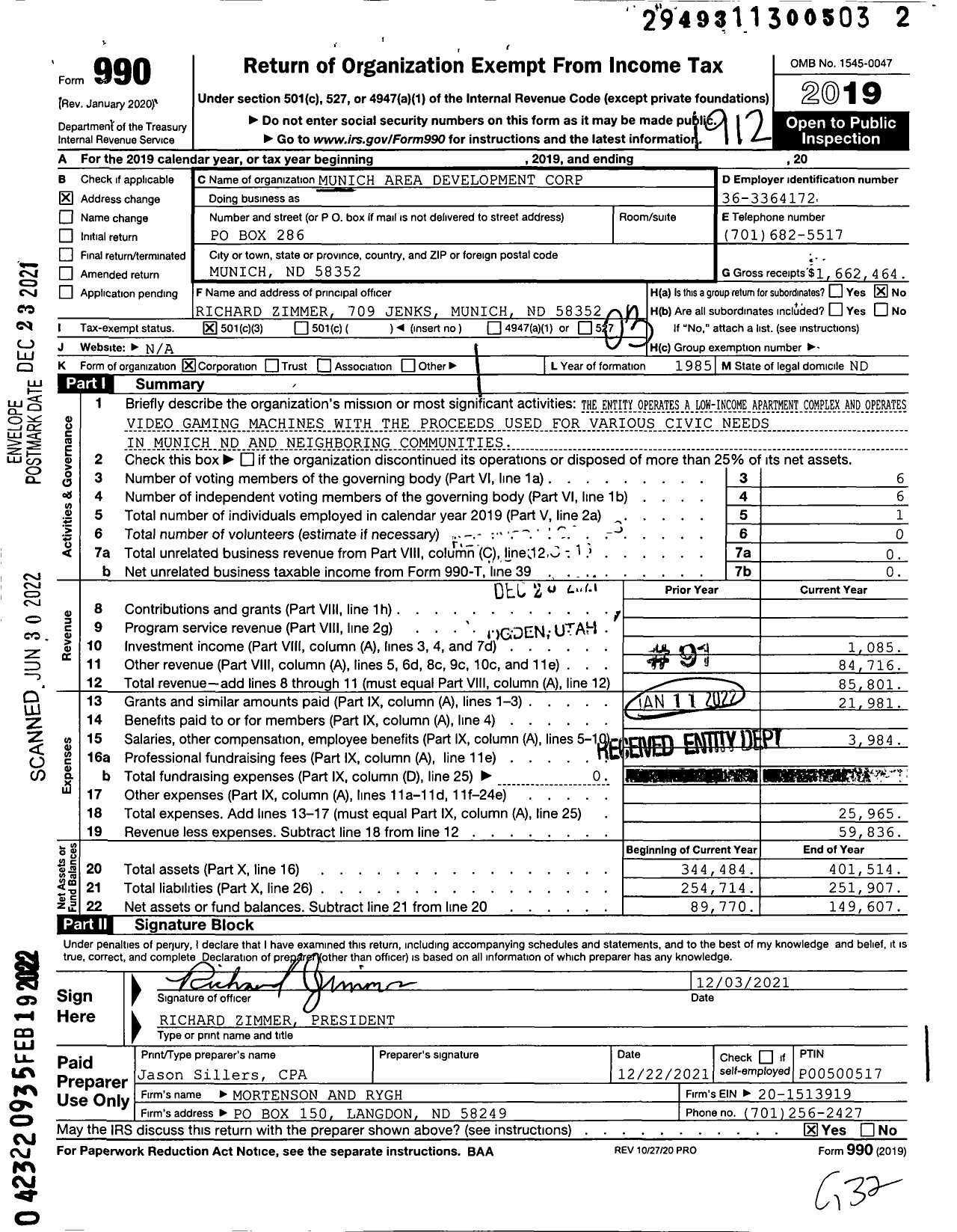 Image of first page of 2019 Form 990 for Munich Area Development Corporation