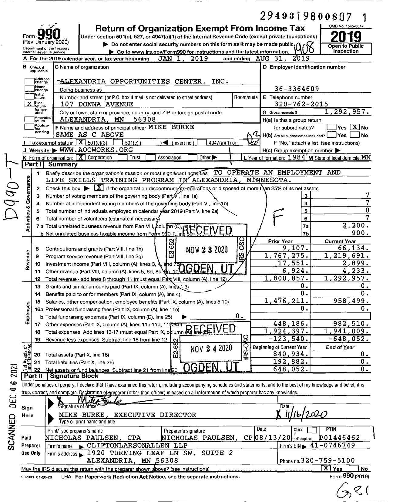 Image of first page of 2018 Form 990 for Alexandria Opportunities Center