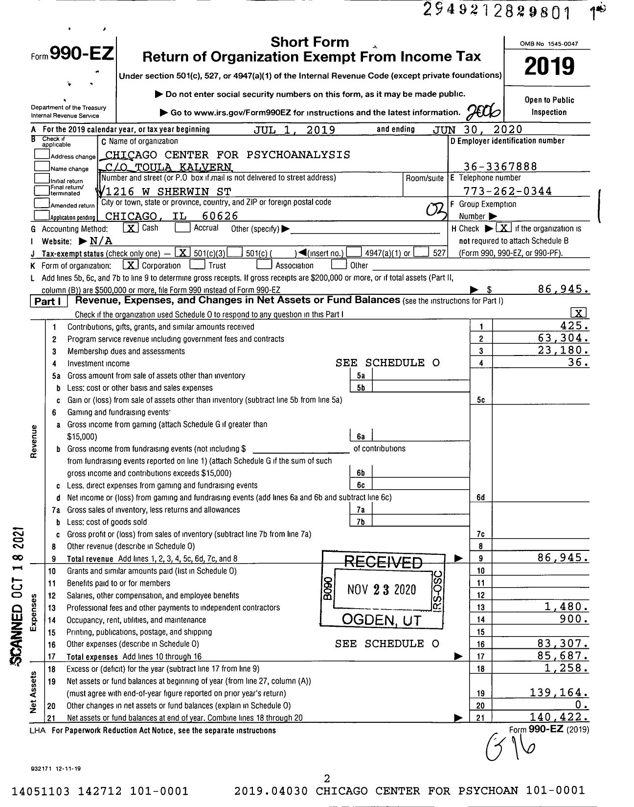 Image of first page of 2019 Form 990EZ for Chicago Center for Psychoanalysis