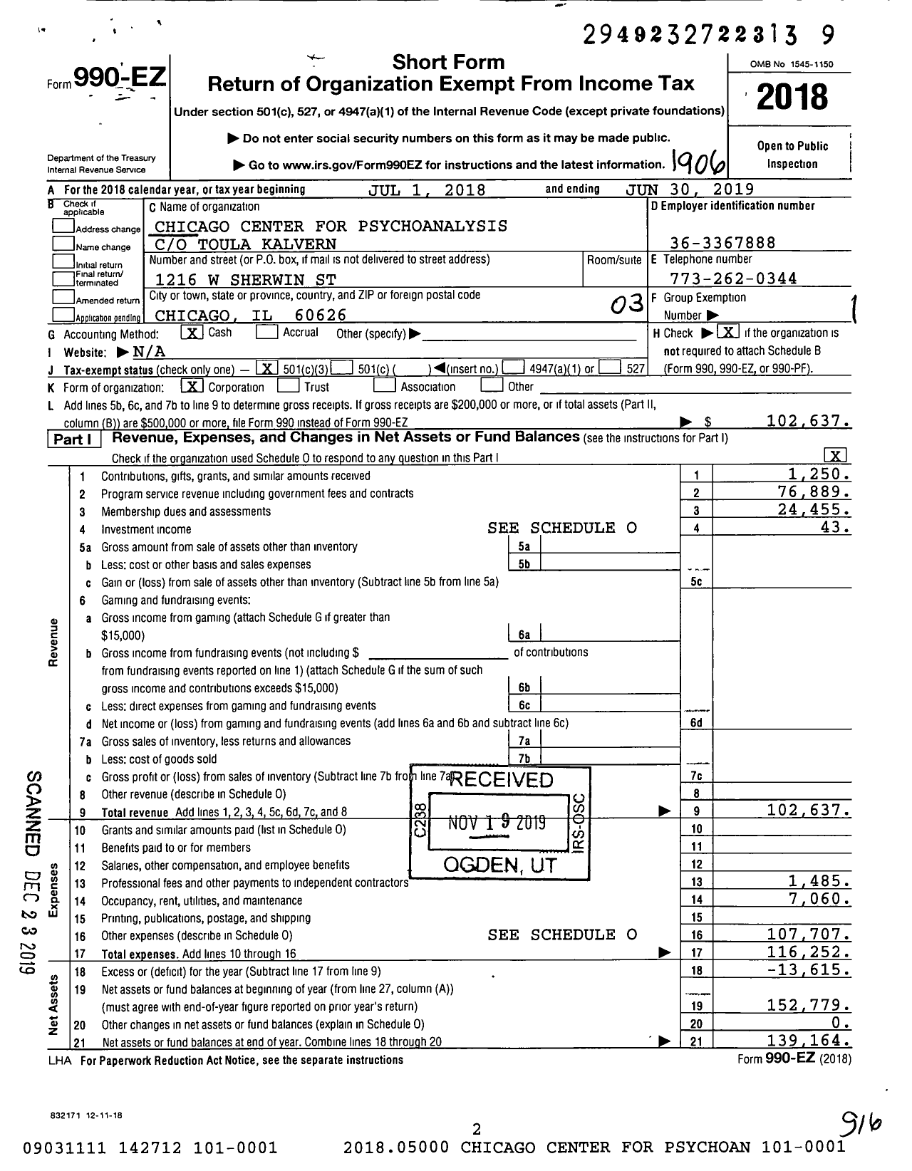 Image of first page of 2018 Form 990EZ for Chicago Center for Psychoanalysis