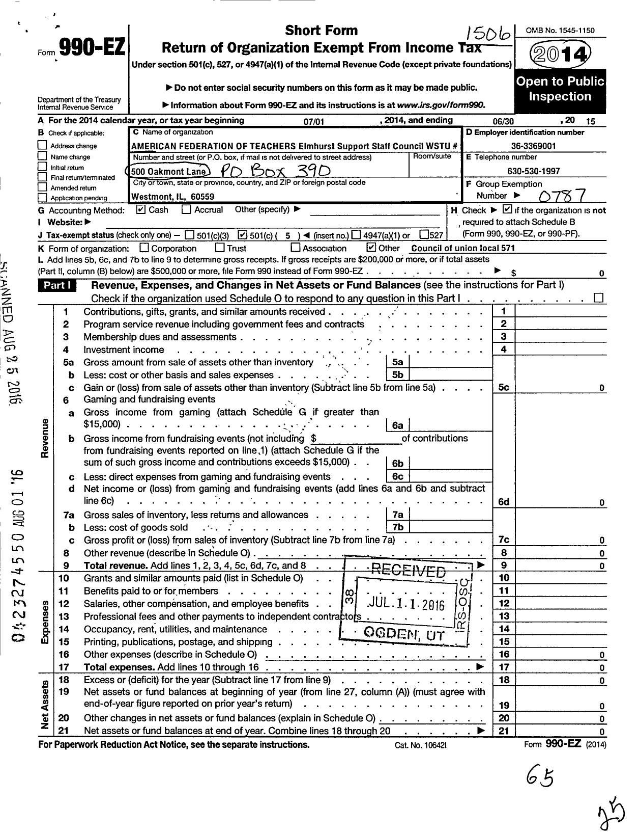 Image of first page of 2014 Form 990EO for American Federation of Teachers - 571 Elmhurst PSRP