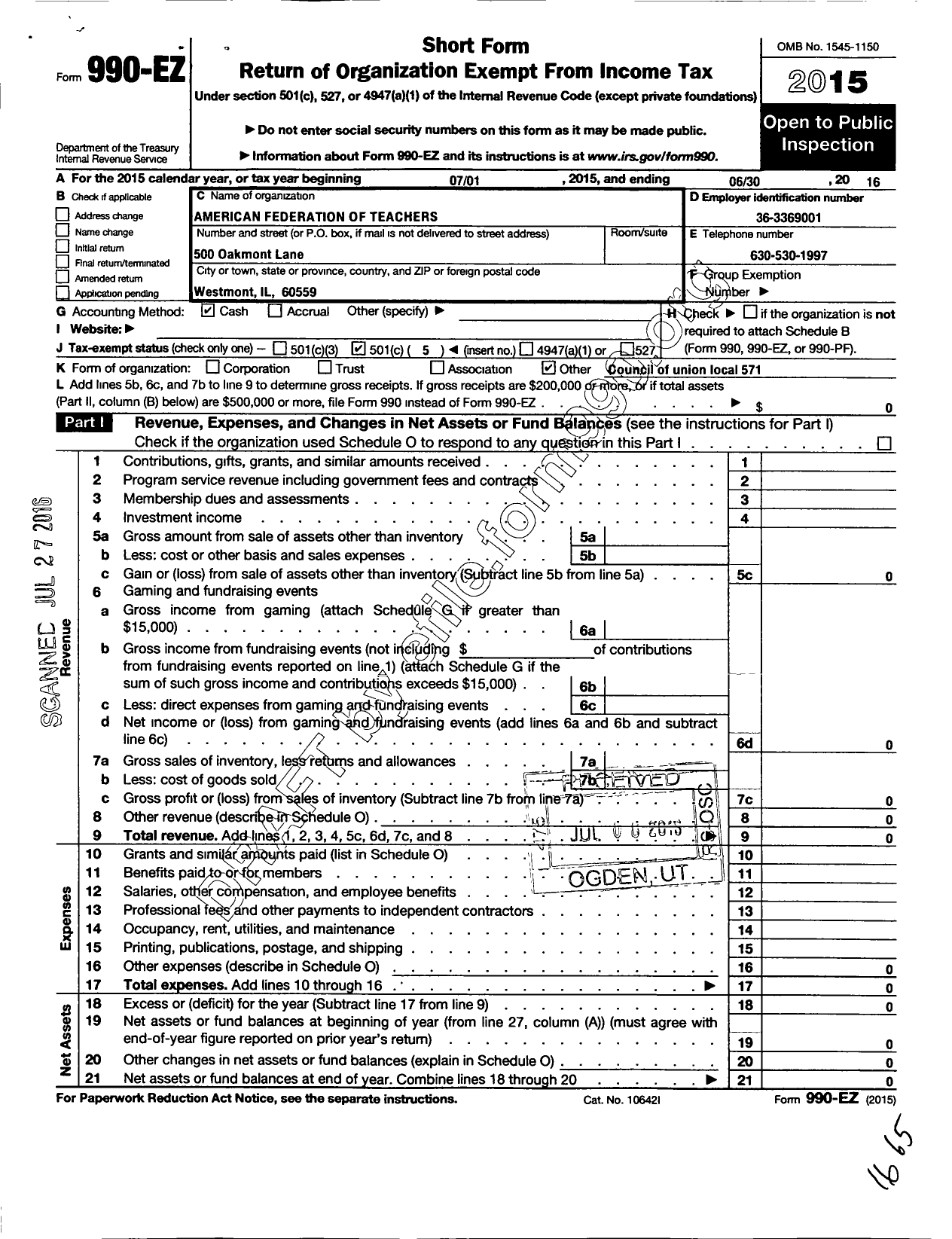 Image of first page of 2015 Form 990EO for American Federation of Teachers - 571 Elmhurst PSRP