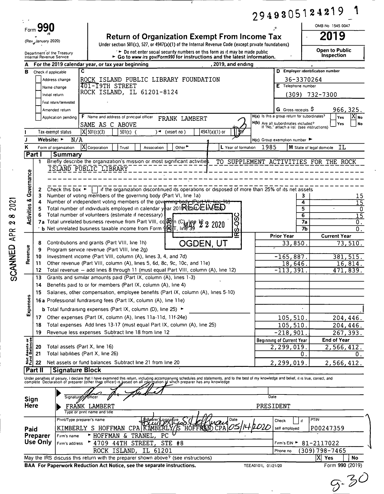 Image of first page of 2019 Form 990 for Rock Island Public Library Foundation