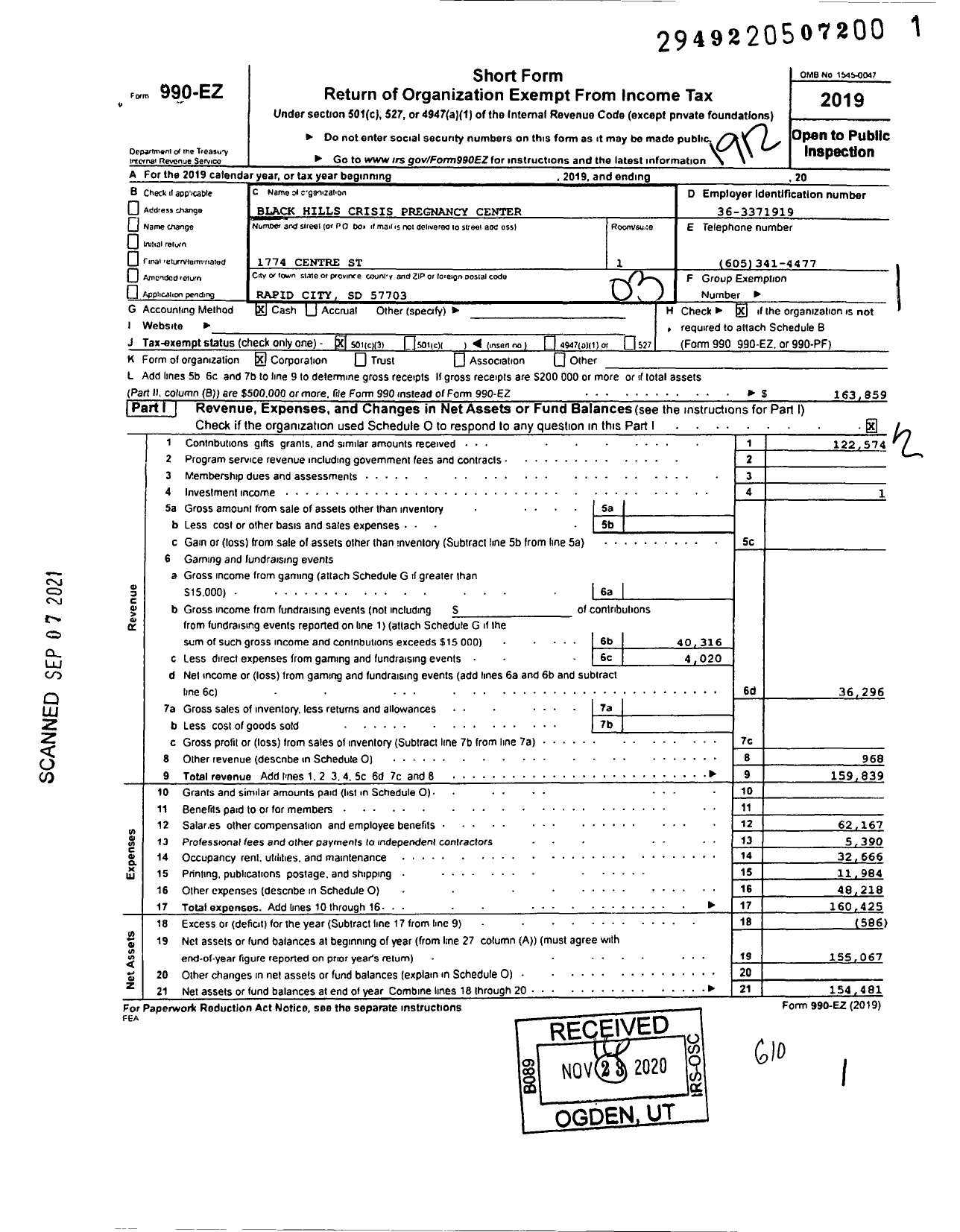 Image of first page of 2019 Form 990EZ for Black Hills Pregnancy Center