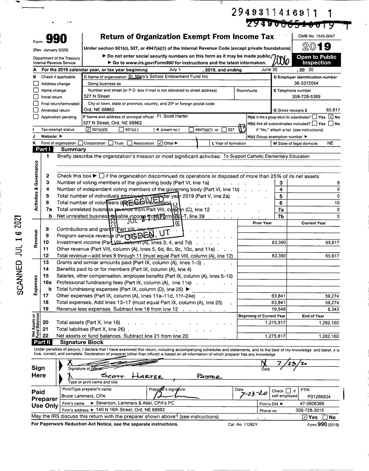 Image of first page of 2019 Form 990 for St Marys School Endowment Fund