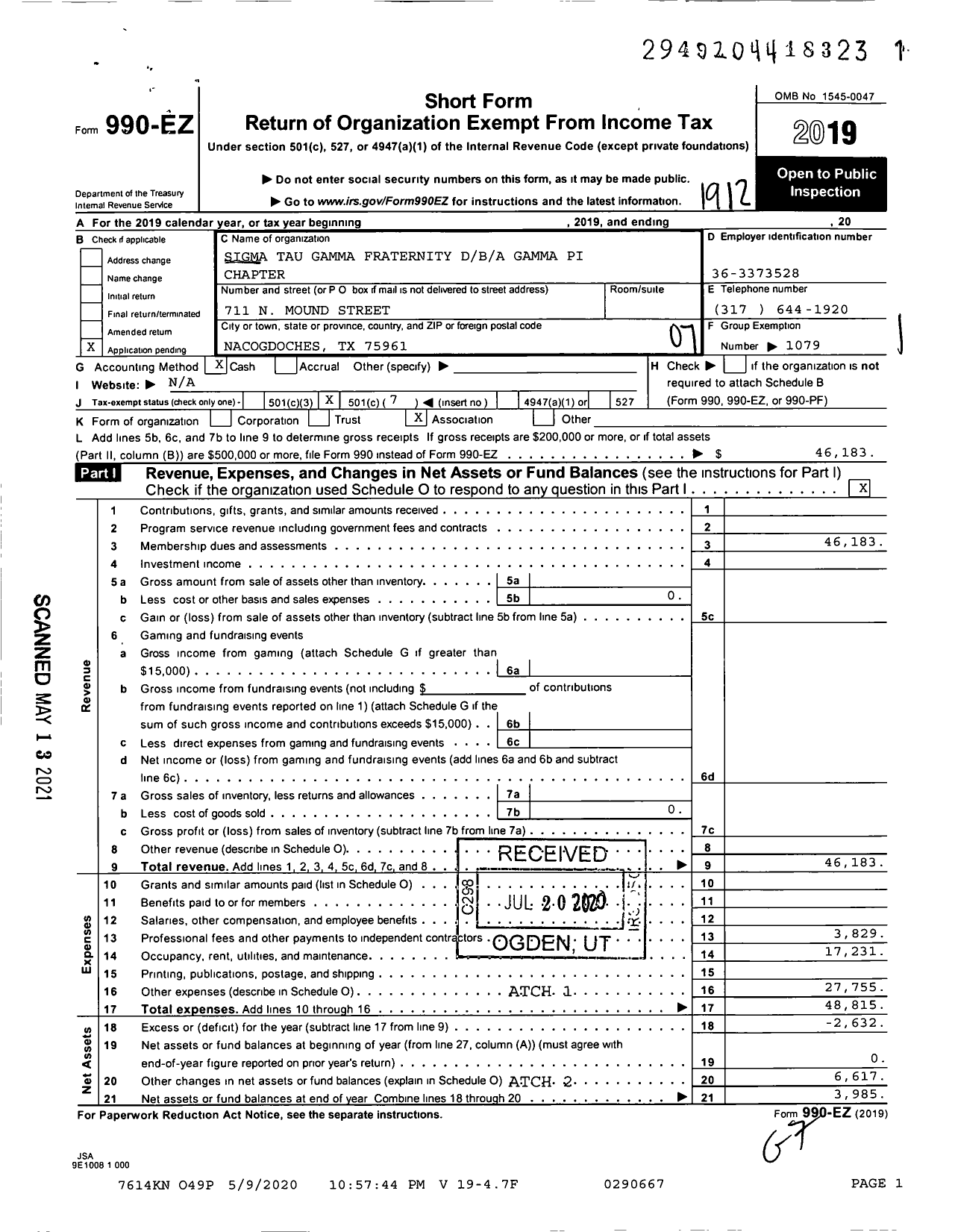 Image of first page of 2019 Form 990EO for Gamma Pi Chapter