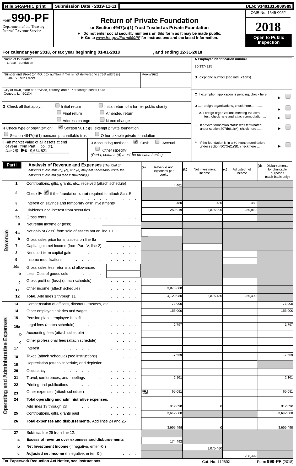 Image of first page of 2018 Form 990PF for Grace Foundation