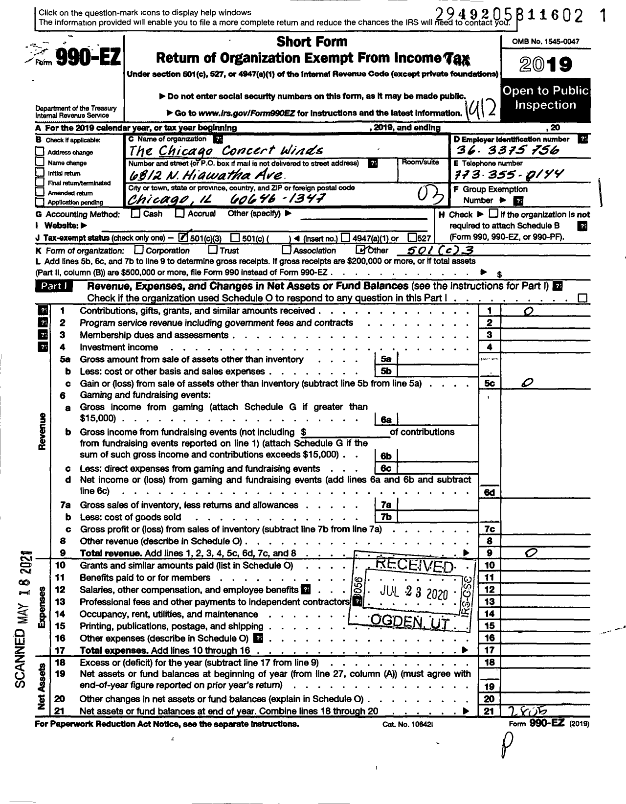 Image of first page of 2019 Form 990EZ for The Chicago Concert Winds