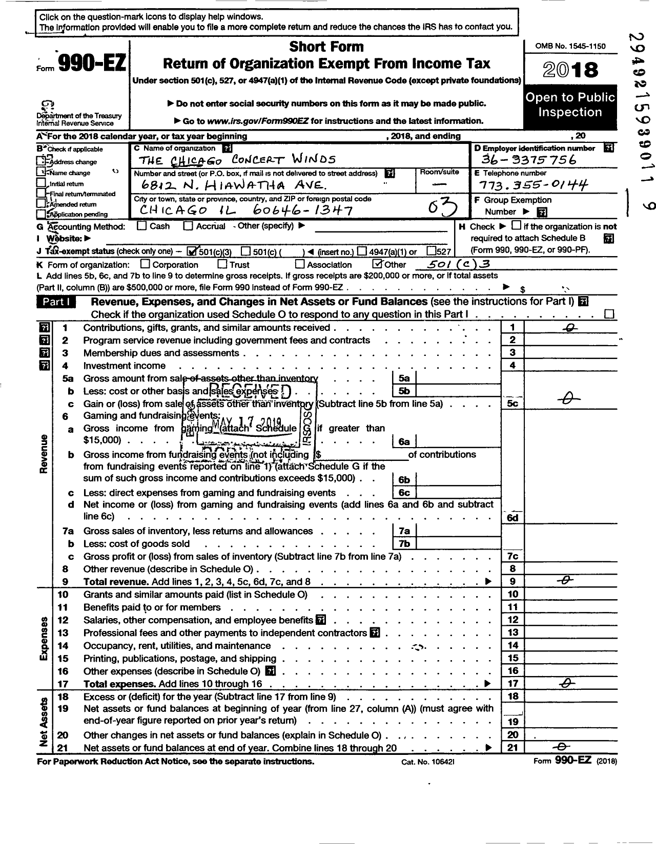 Image of first page of 2018 Form 990EZ for The Chicago Concert Winds