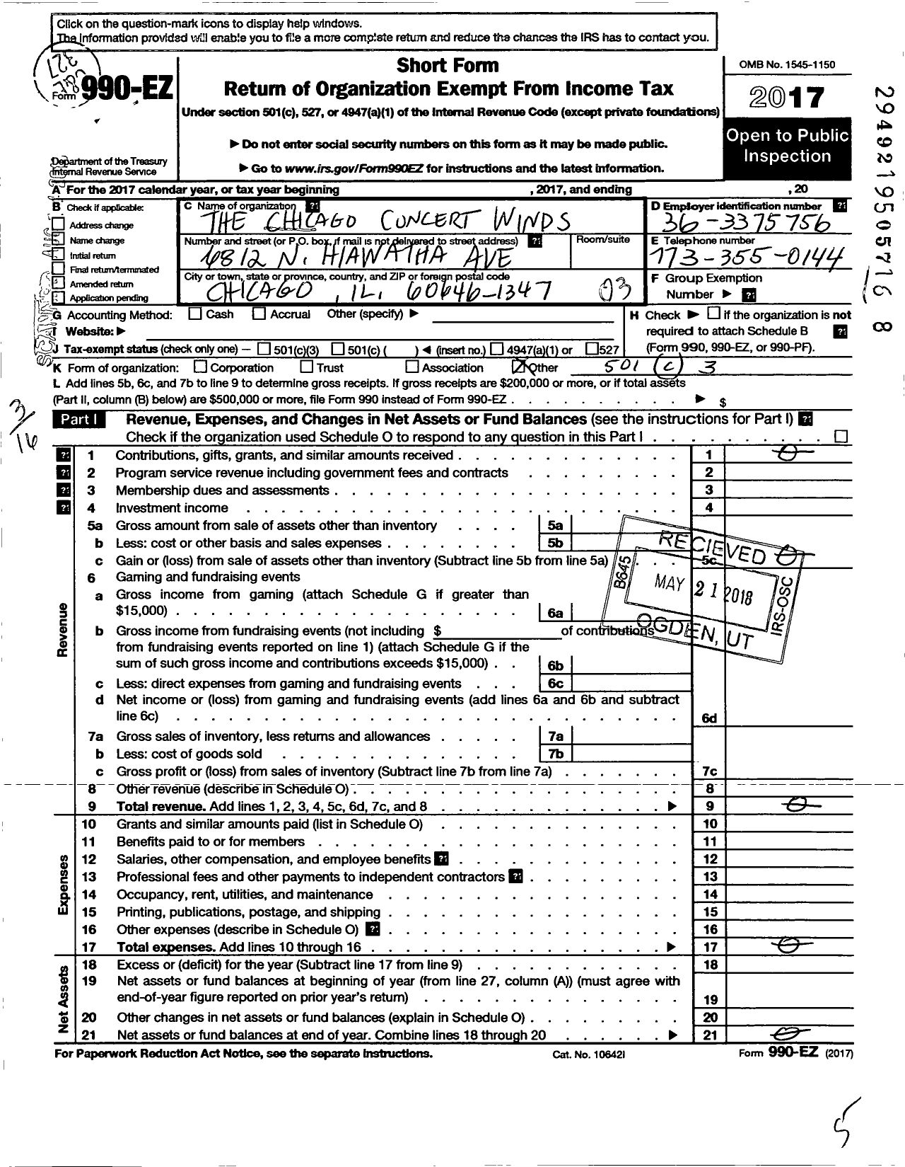 Image of first page of 2017 Form 990EZ for The Chicago Concert Winds