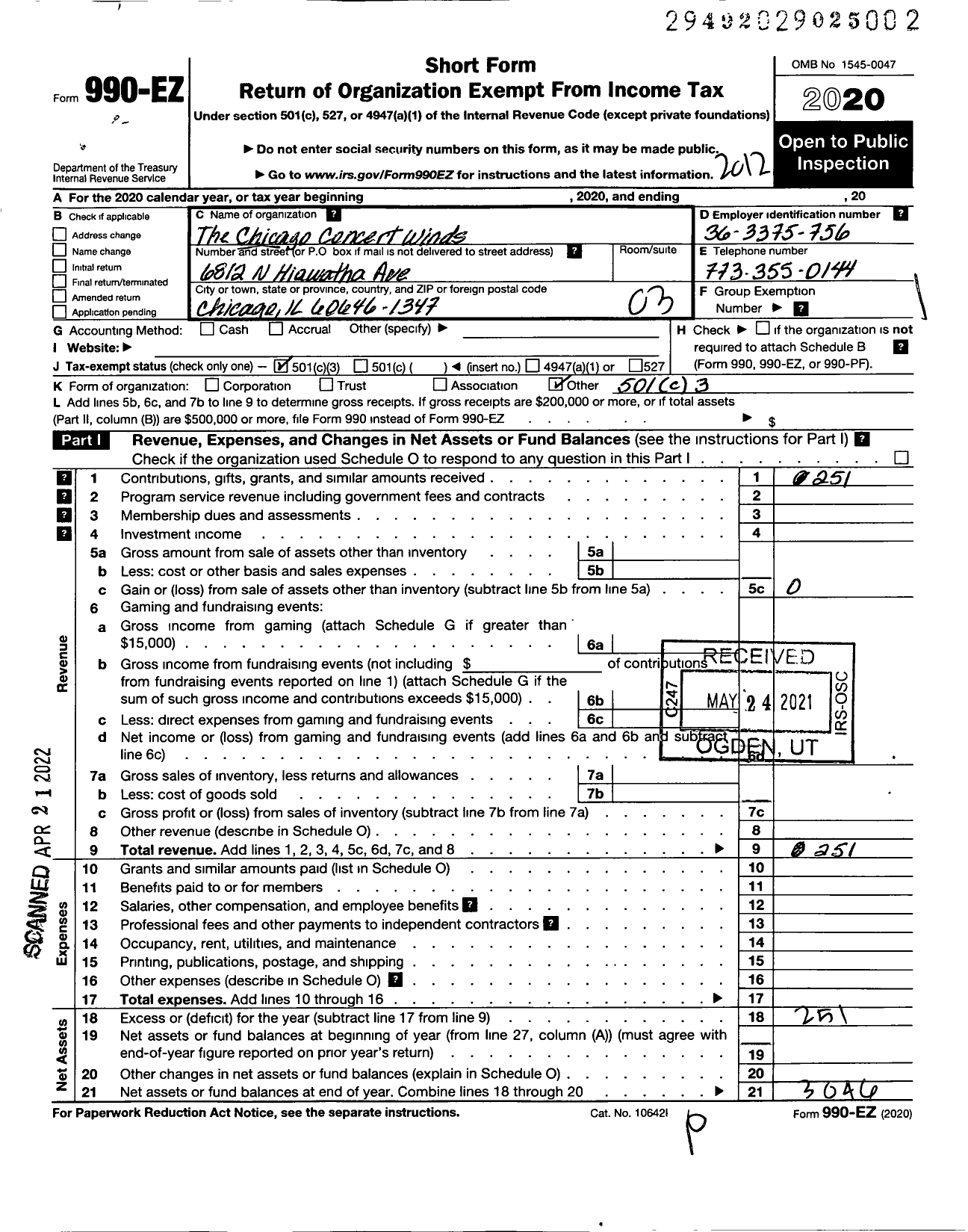 Image of first page of 2020 Form 990EZ for The Chicago Concert Winds