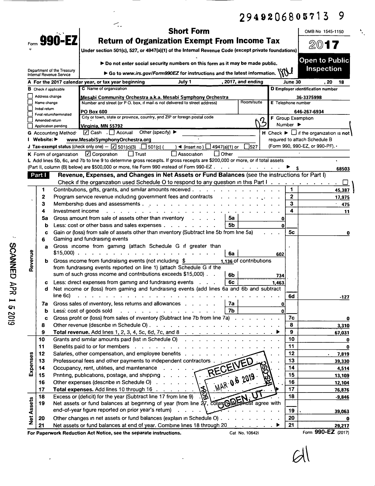 Image of first page of 2017 Form 990EZ for Mesabi Community Orchestra