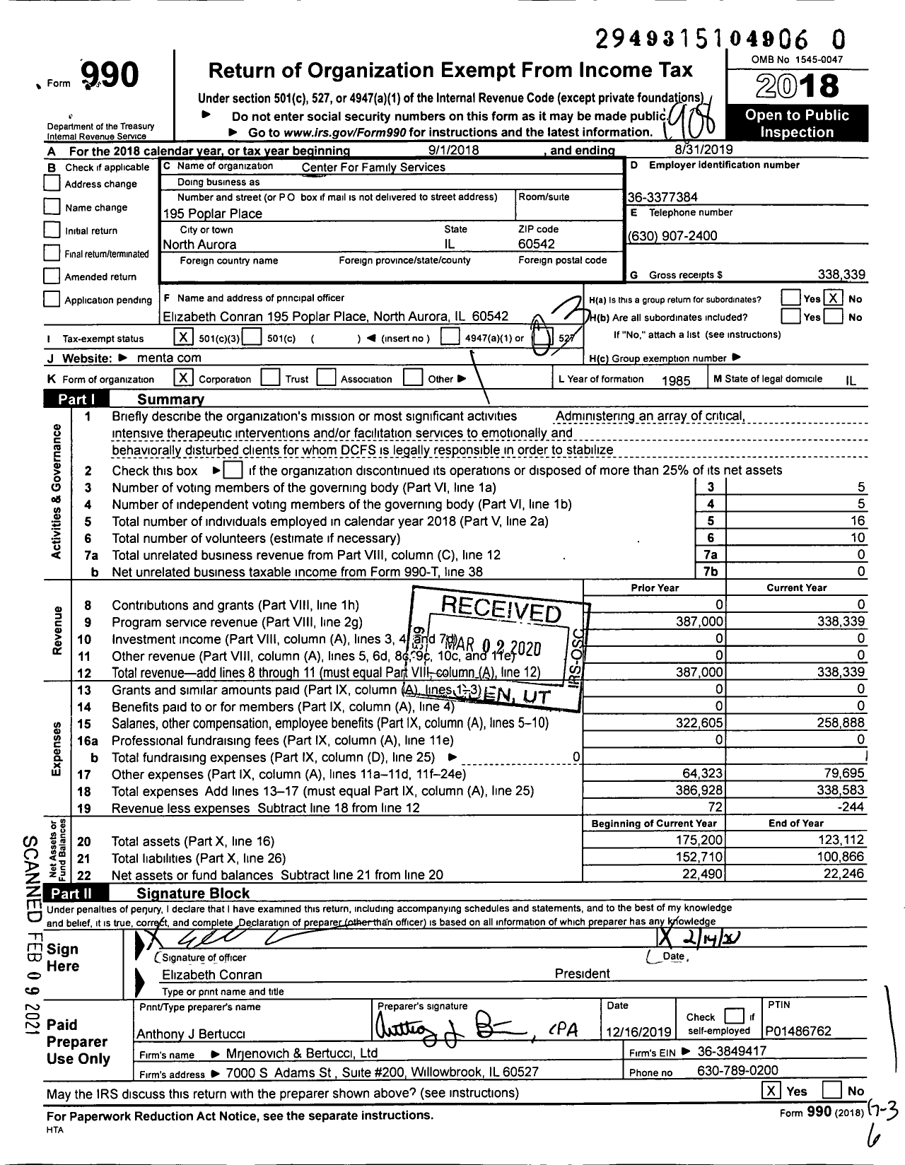 Image of first page of 2018 Form 990 for Center For Family Services