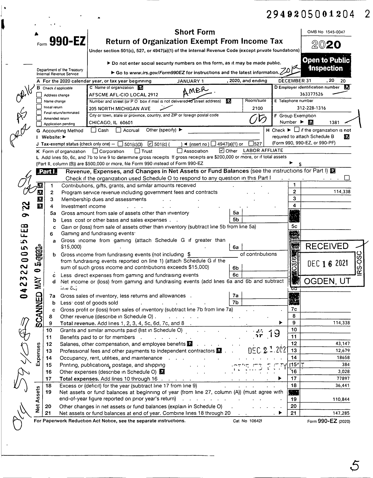 Image of first page of 2020 Form 990EO for American Federation of State County & Municipal Employees - L2912il Chicago Ill City Employees