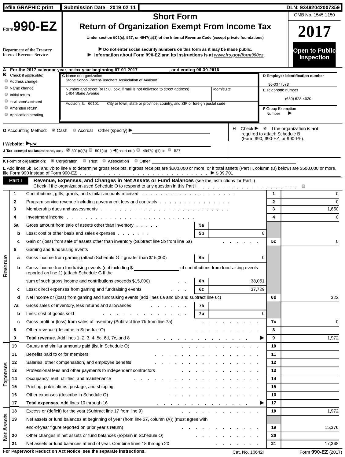 Image of first page of 2017 Form 990EZ for Illinois PTA - Stone School PTA