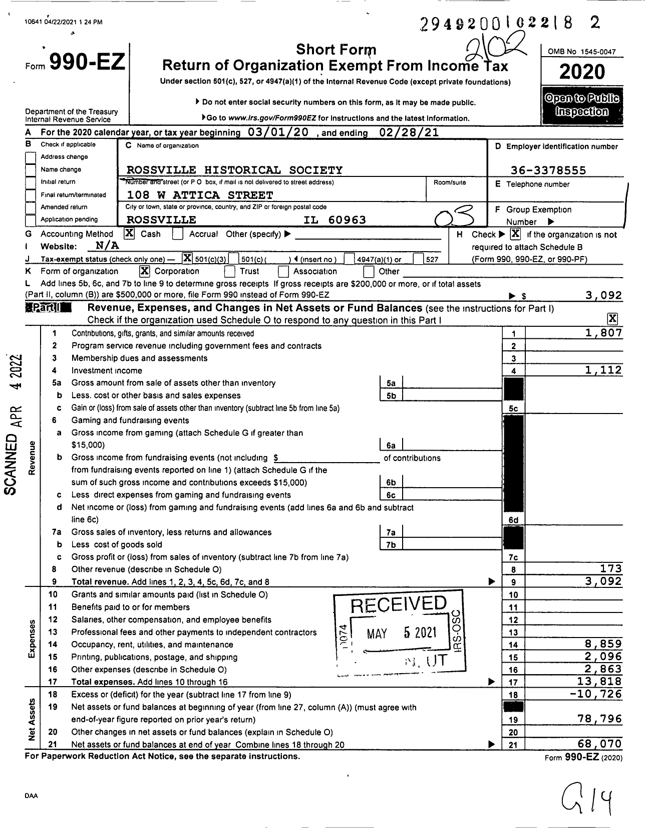 Image of first page of 2020 Form 990EZ for Rossville Historical Society