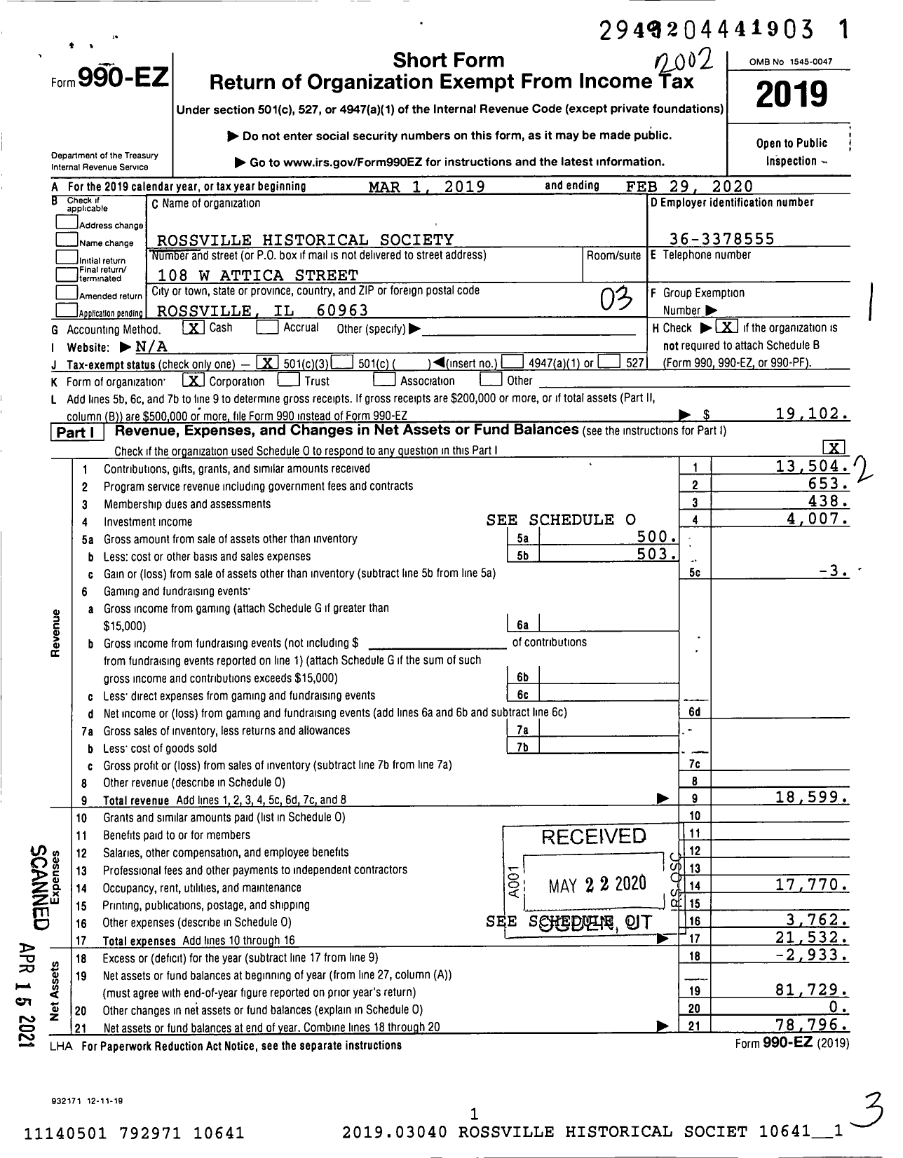 Image of first page of 2019 Form 990EZ for Rossville Historical Society