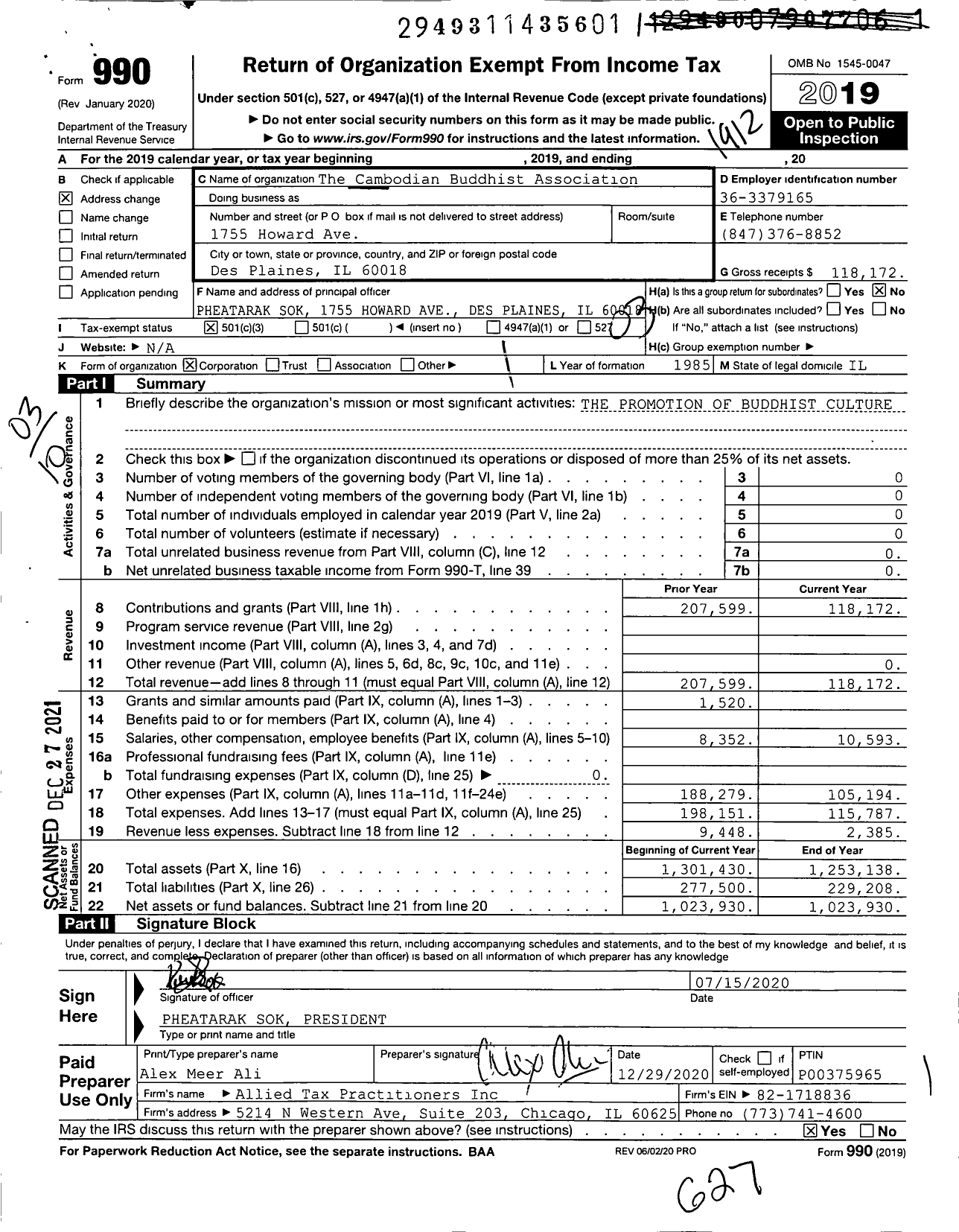 Image of first page of 2019 Form 990 for The Cambodian Buddhist Association