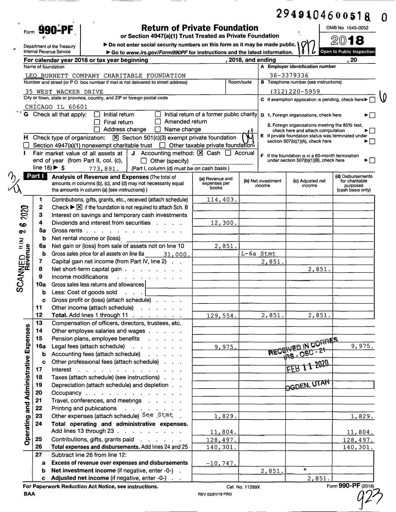 Image of first page of 2018 Form 990PR for Leo Burnett Company Charitable Foundation