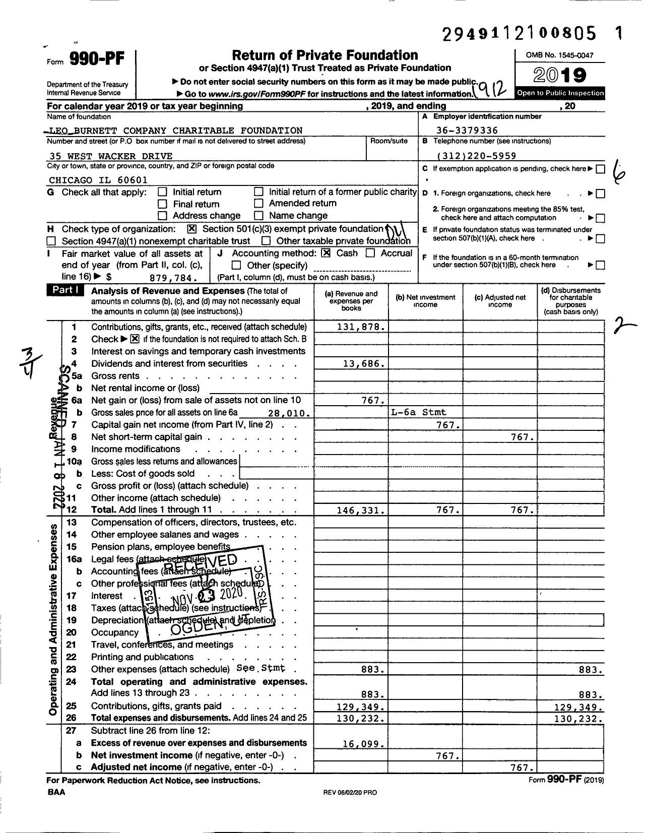 Image of first page of 2019 Form 990PF for Leo Burnett Company Charitable Foundation