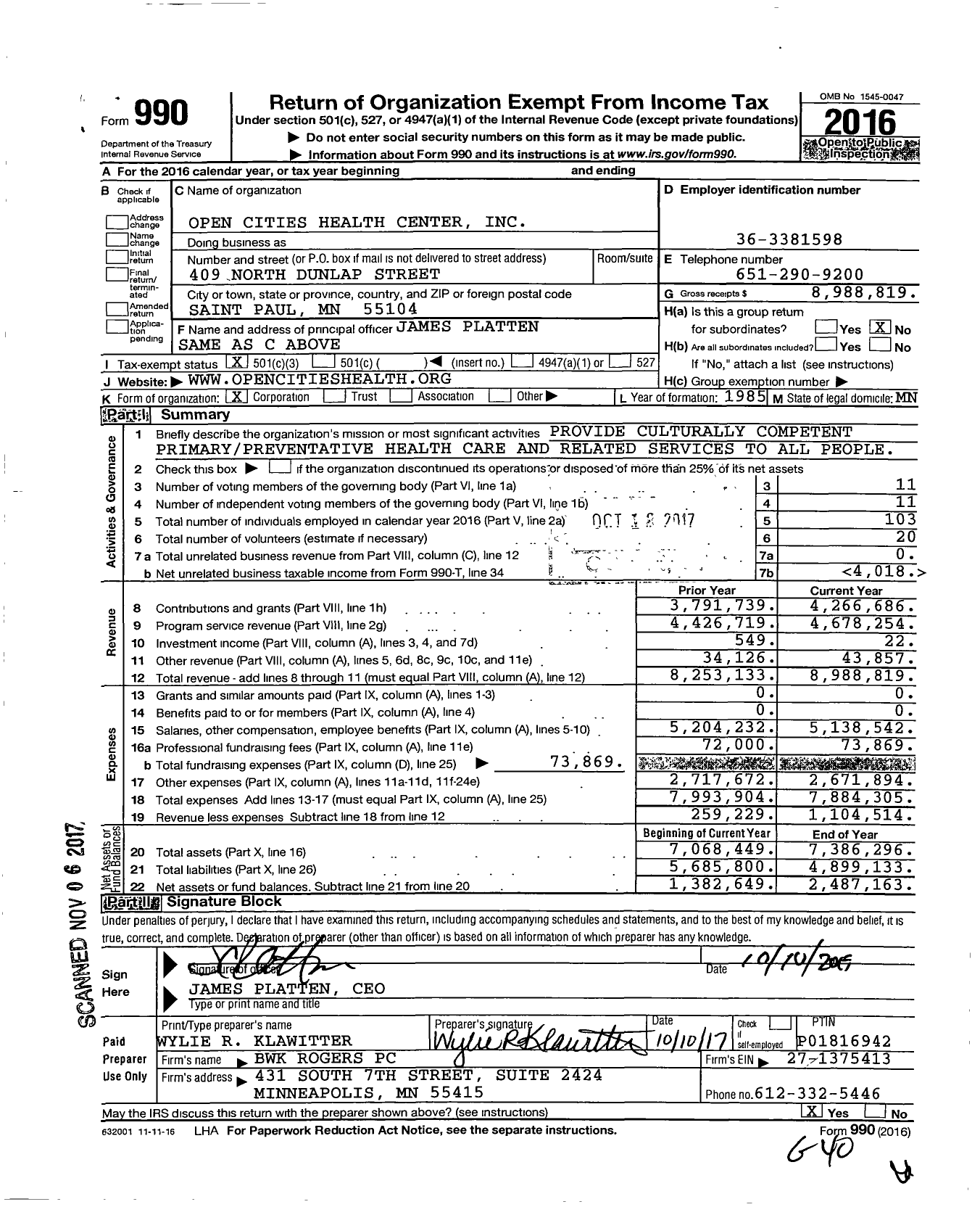 Image of first page of 2016 Form 990 for Open Cities Health Center (OCHC)