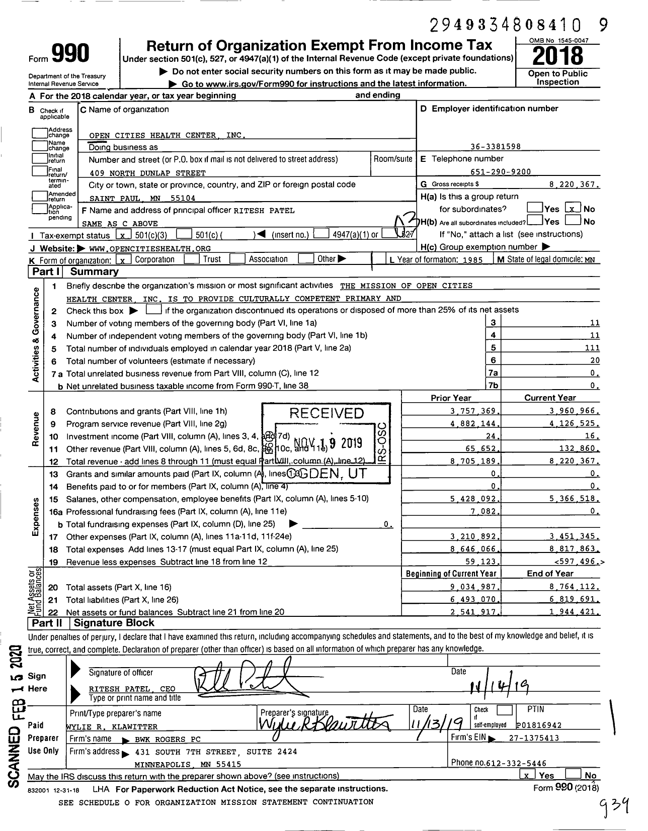 Image of first page of 2018 Form 990 for Open Cities Health Center (OCHC)