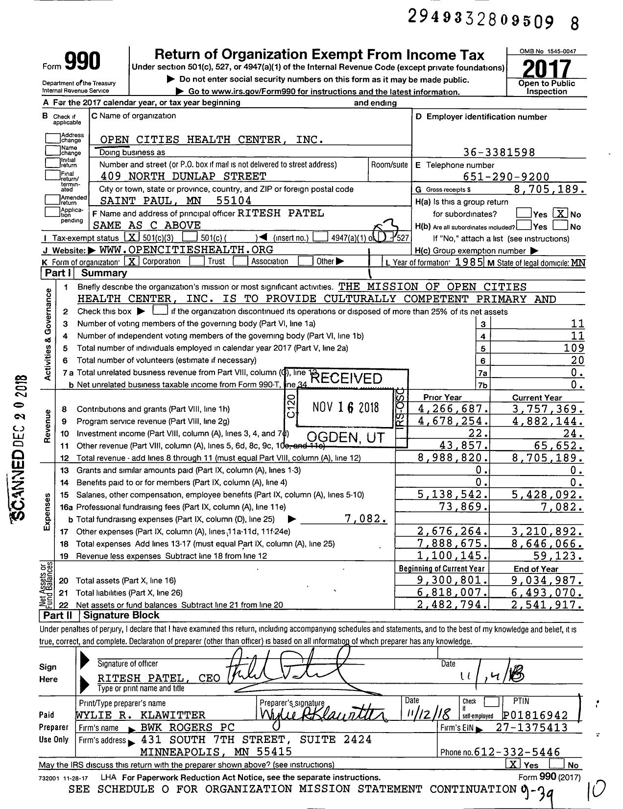 Image of first page of 2017 Form 990 for Open Cities Health Center (OCHC)